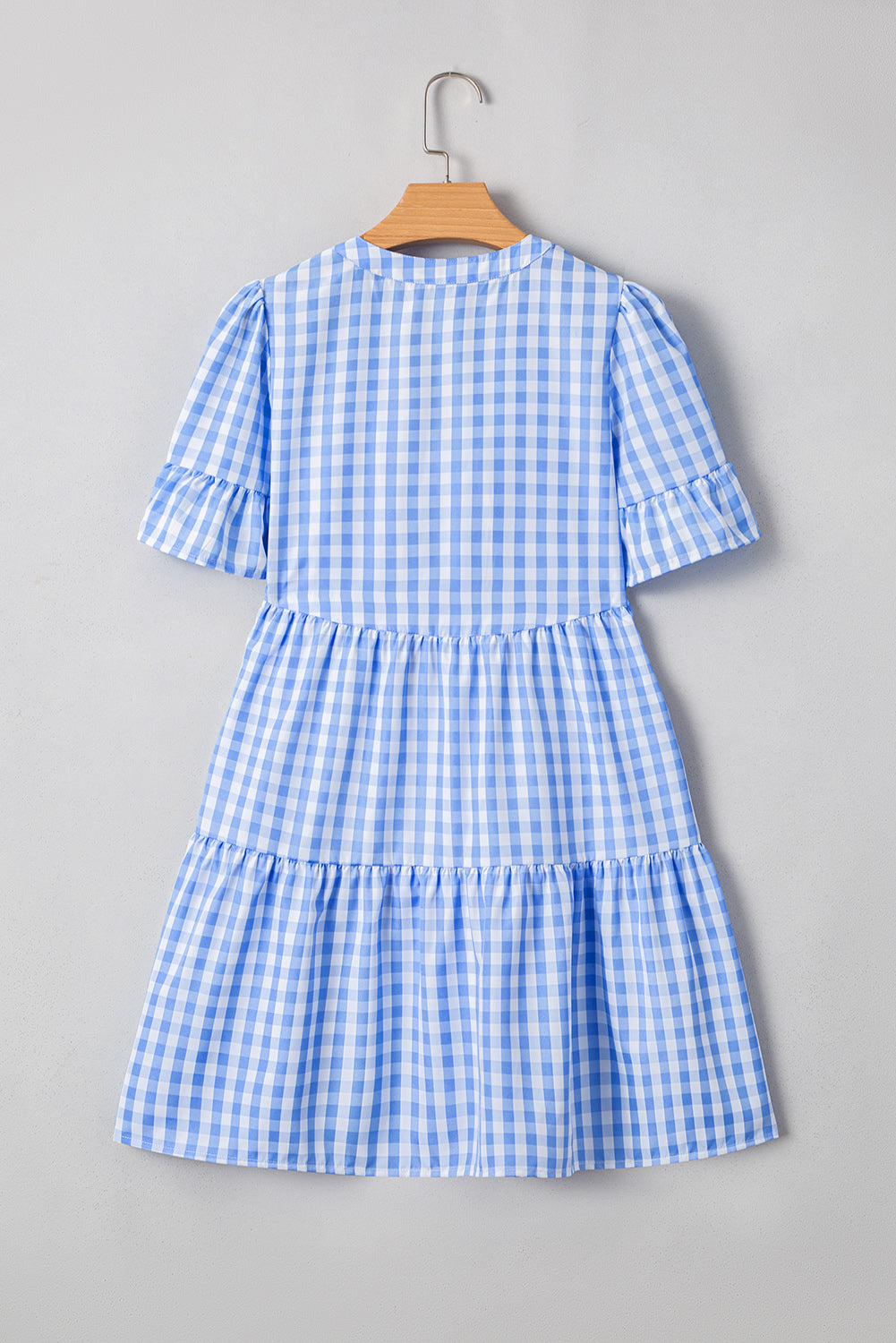 Sky Blue Gingham Short Sleeve Button Tie Split Neck Loose Mini Dress eAura