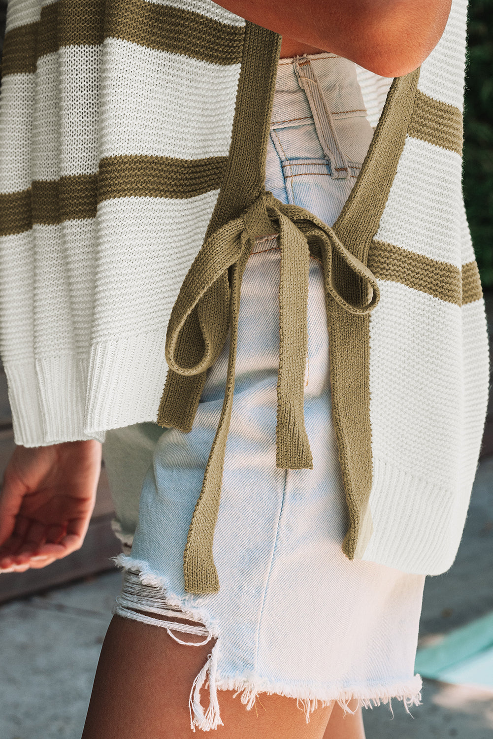 Khaki Stripe Tie Open Side Sweater Knit Top eAura