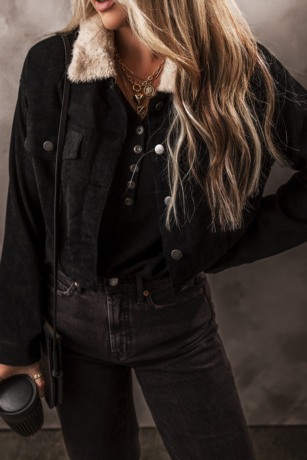 Black Fleece Lined Button-up Collared Corduroy Crop Jacket eAura