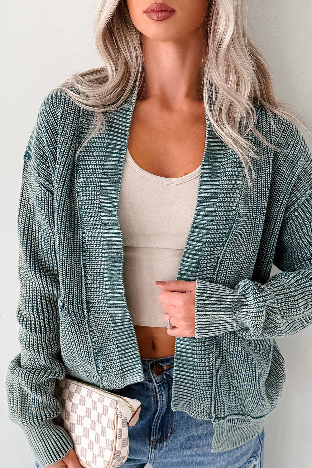 Mineral Wash Exposed Seam Patchwork Knit Open Cardigan