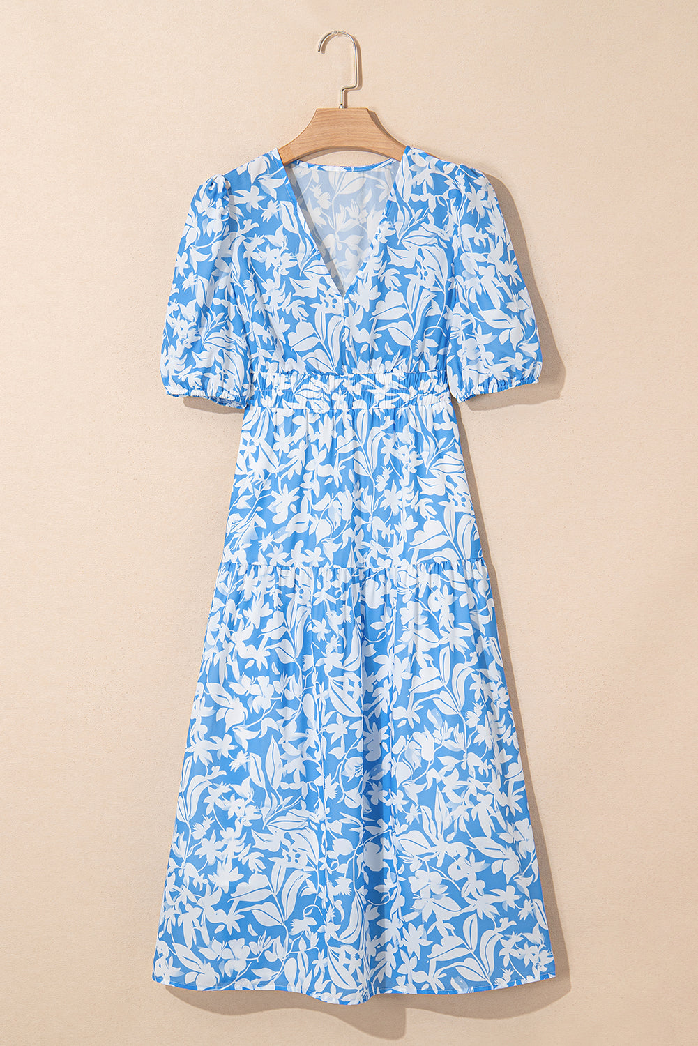 Sky Blue Floral V Neck Puff Short Sleeve Flowy Long Dress eAura