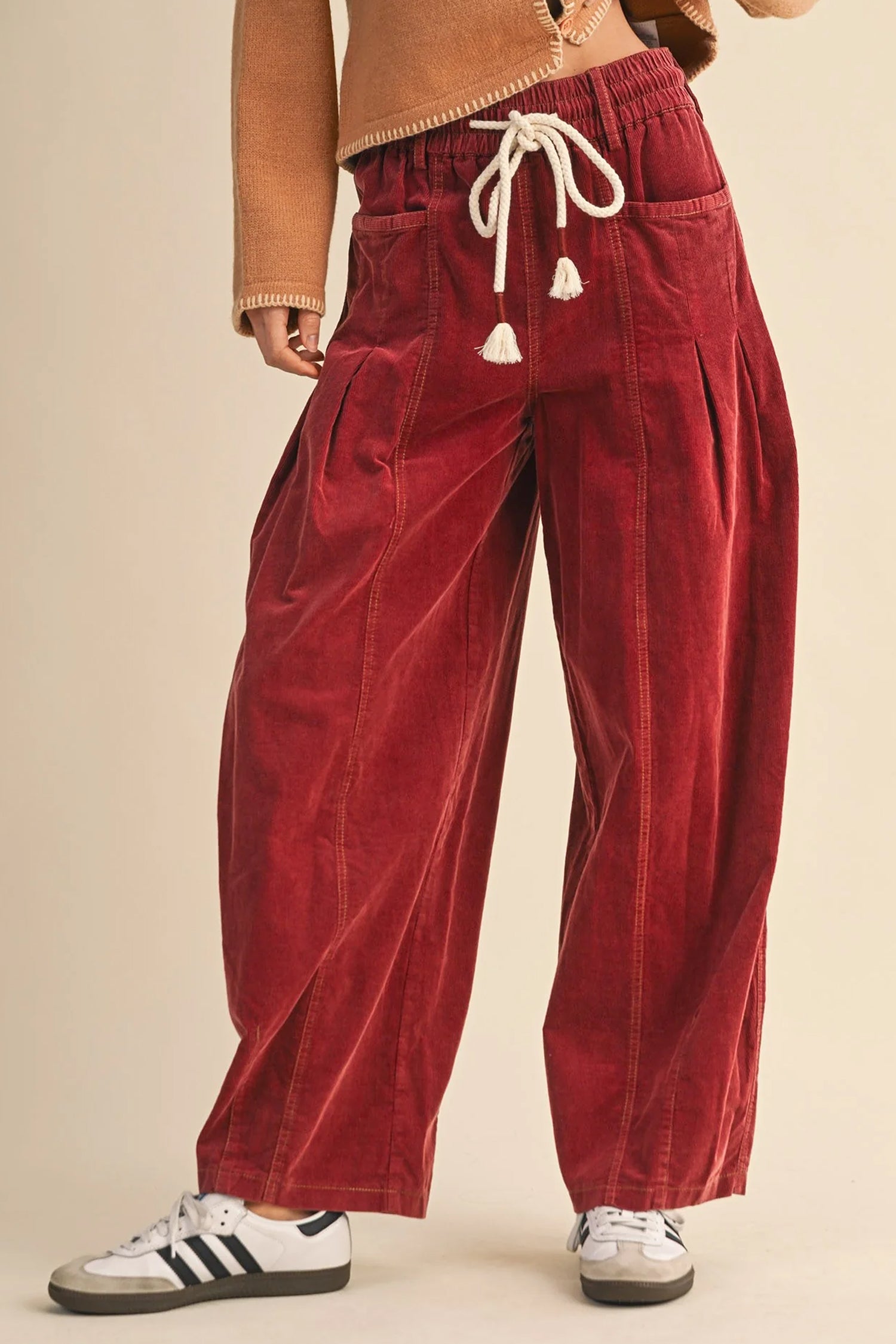 Elastic Waist Drawstring Corduroy Casual Pants – Racing Red