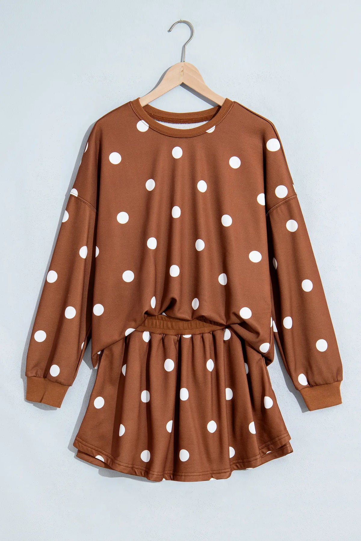 Brown Polka Dot Raw Hem Relaxed Pullover Loose Skort Two Piece Set