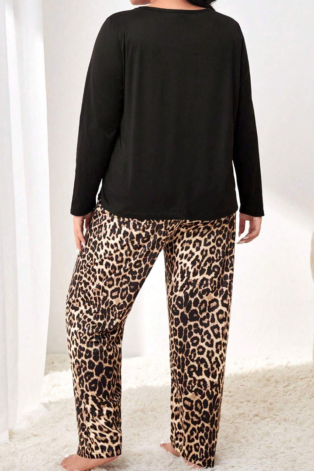Black Leopard Patched Pocket Long Sleeve Top Plus Size Trousers Set BB Fashion Outlet