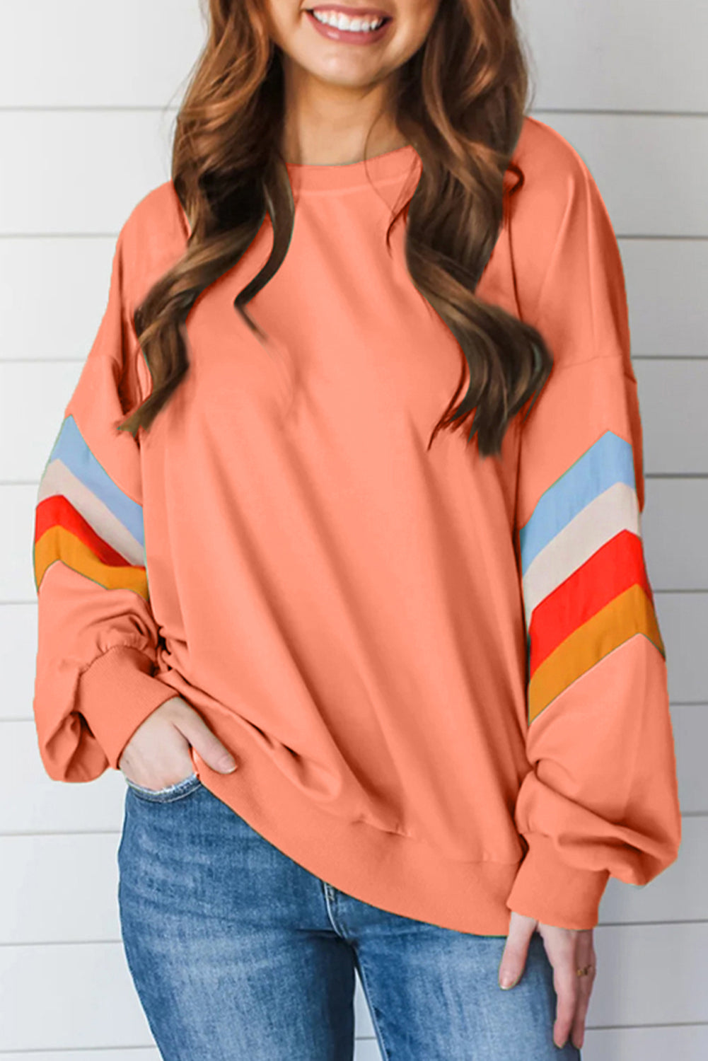 Flamingo Rainbow Striped Sleeve Crew Neck Loose Sweatshirt eAura