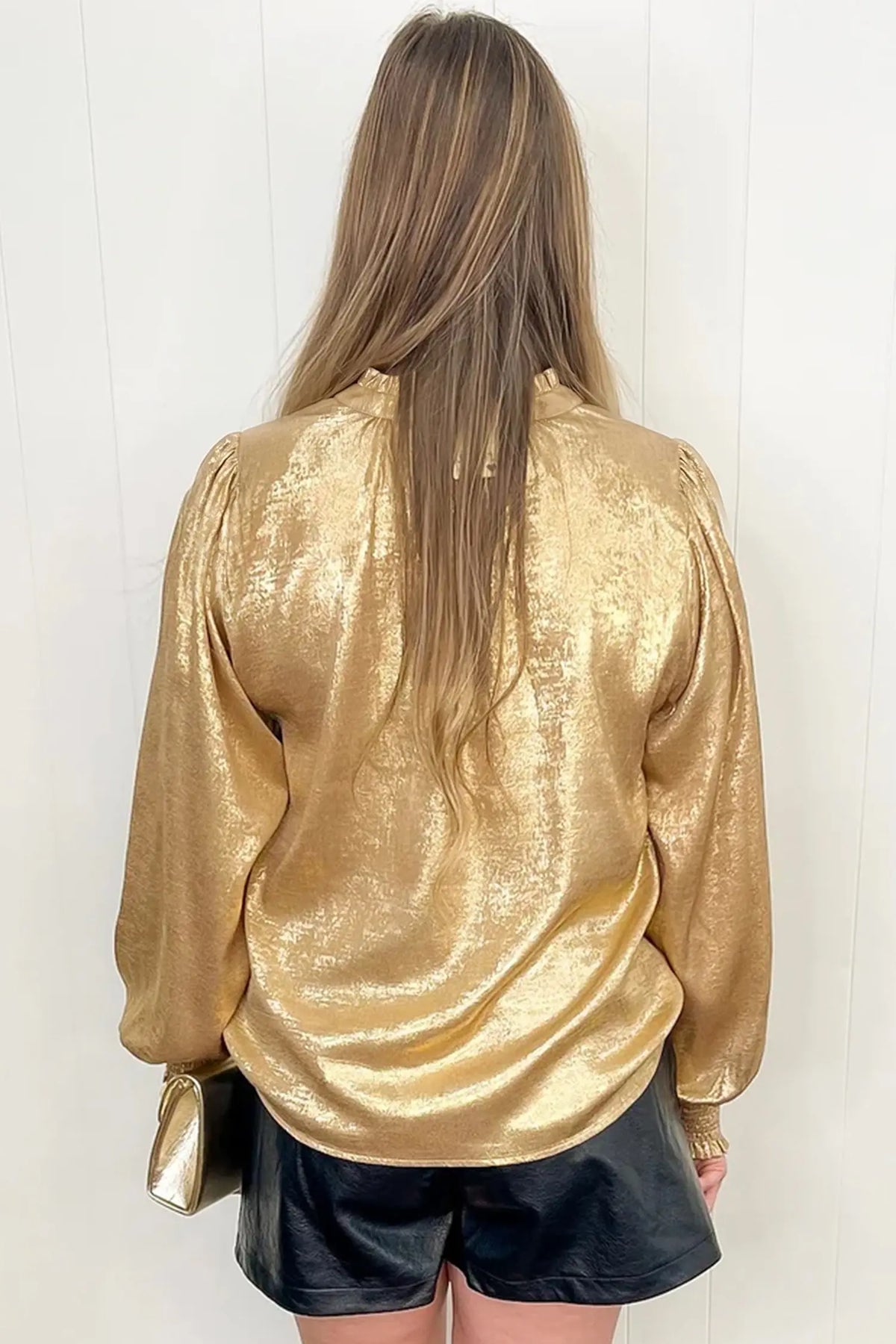 Metallic Sheen V Neck Gathered Cuff Long Sleeve Blouse – Gold