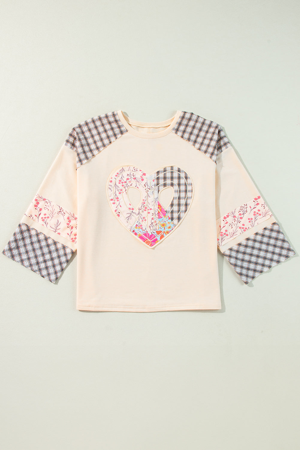 Clearly Aqua Plaid Floral Peace Heart Graphic Wide Long Sleeve Top Beagle Boutique Fashion Outlet
