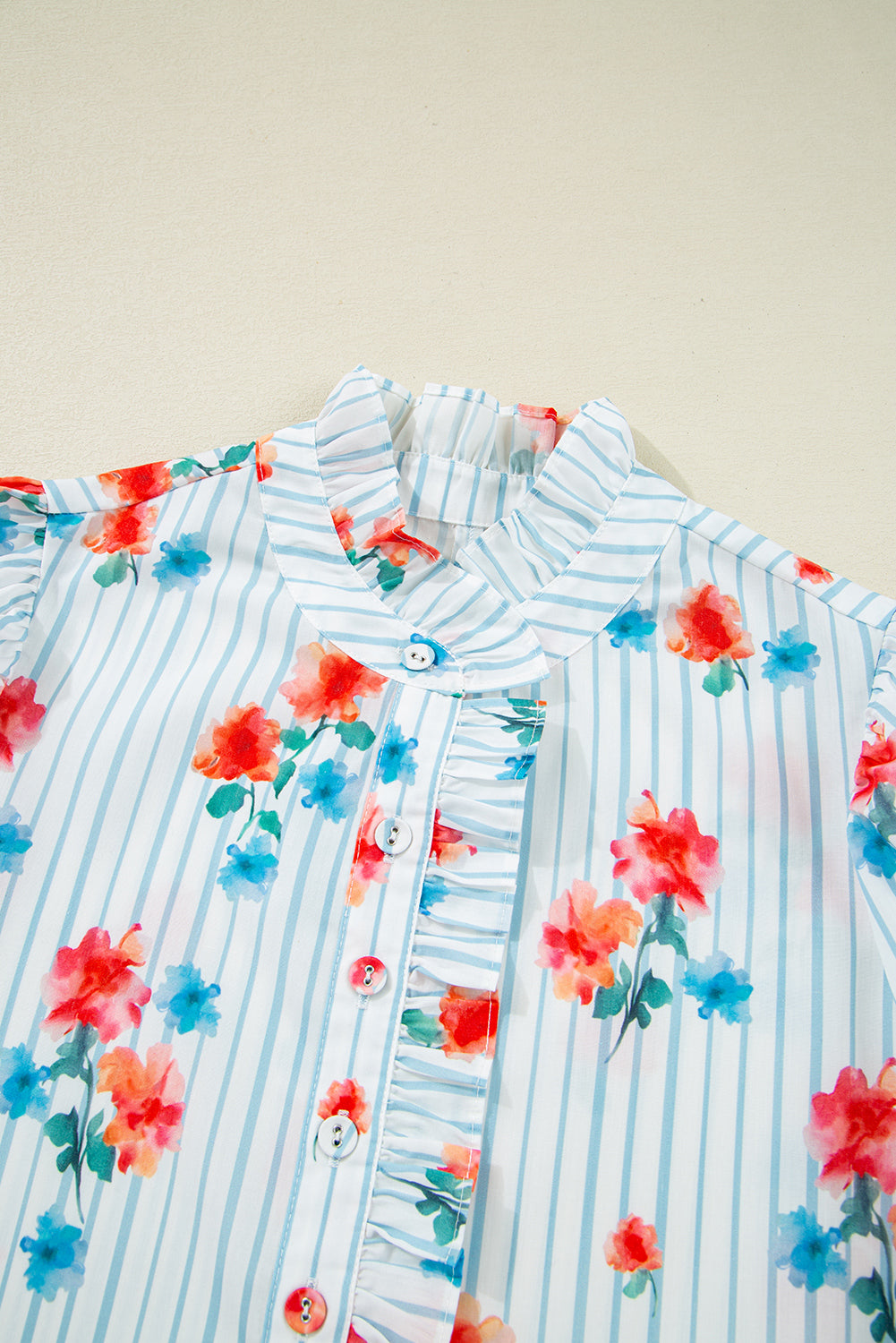 Sky Blue Stripe Floral Pattern Ruffle Short Sleeve Belted Mini Dress eAura