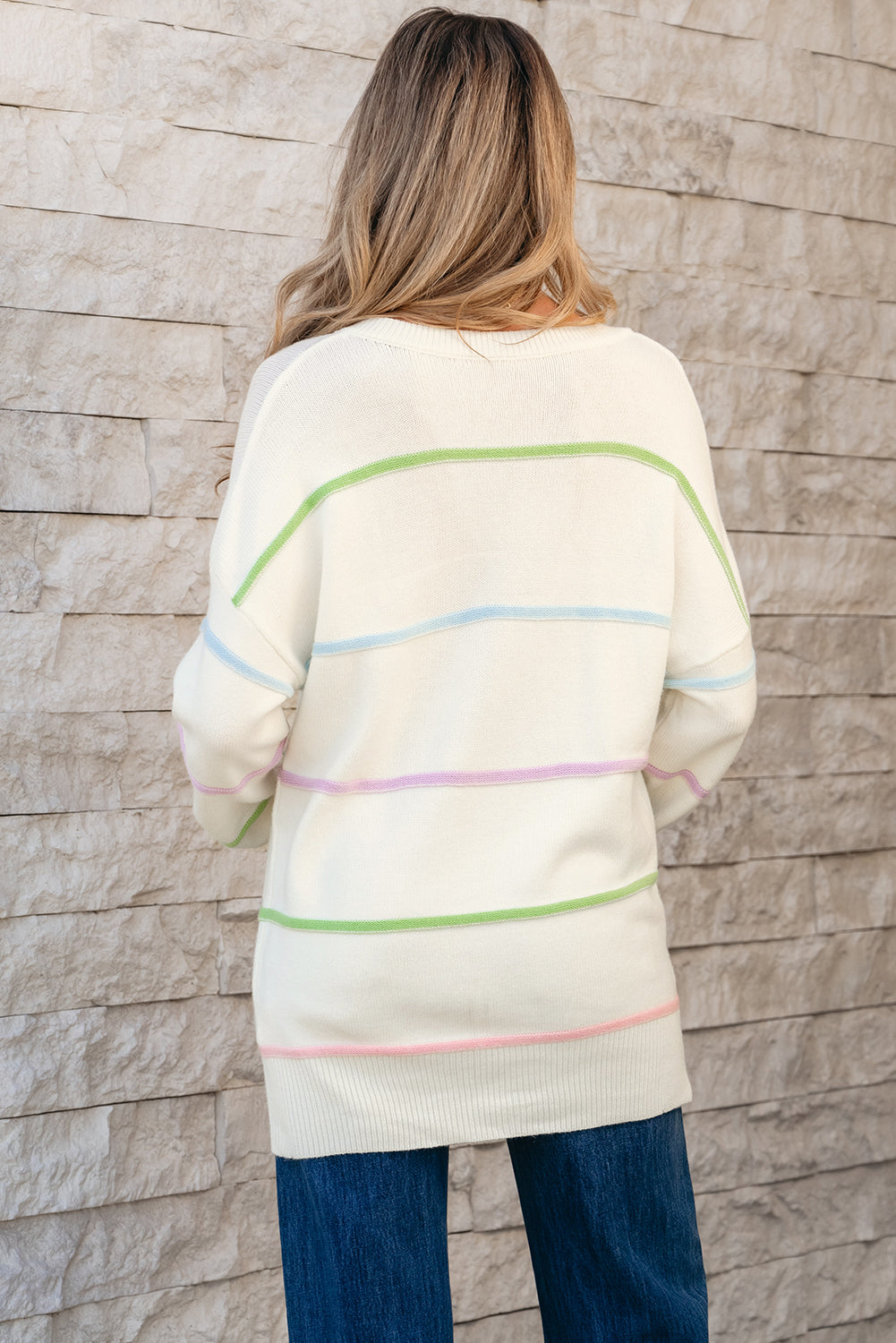 White Rainbow Stripes Drop Shoulder Baggy Henley Sweater eAura