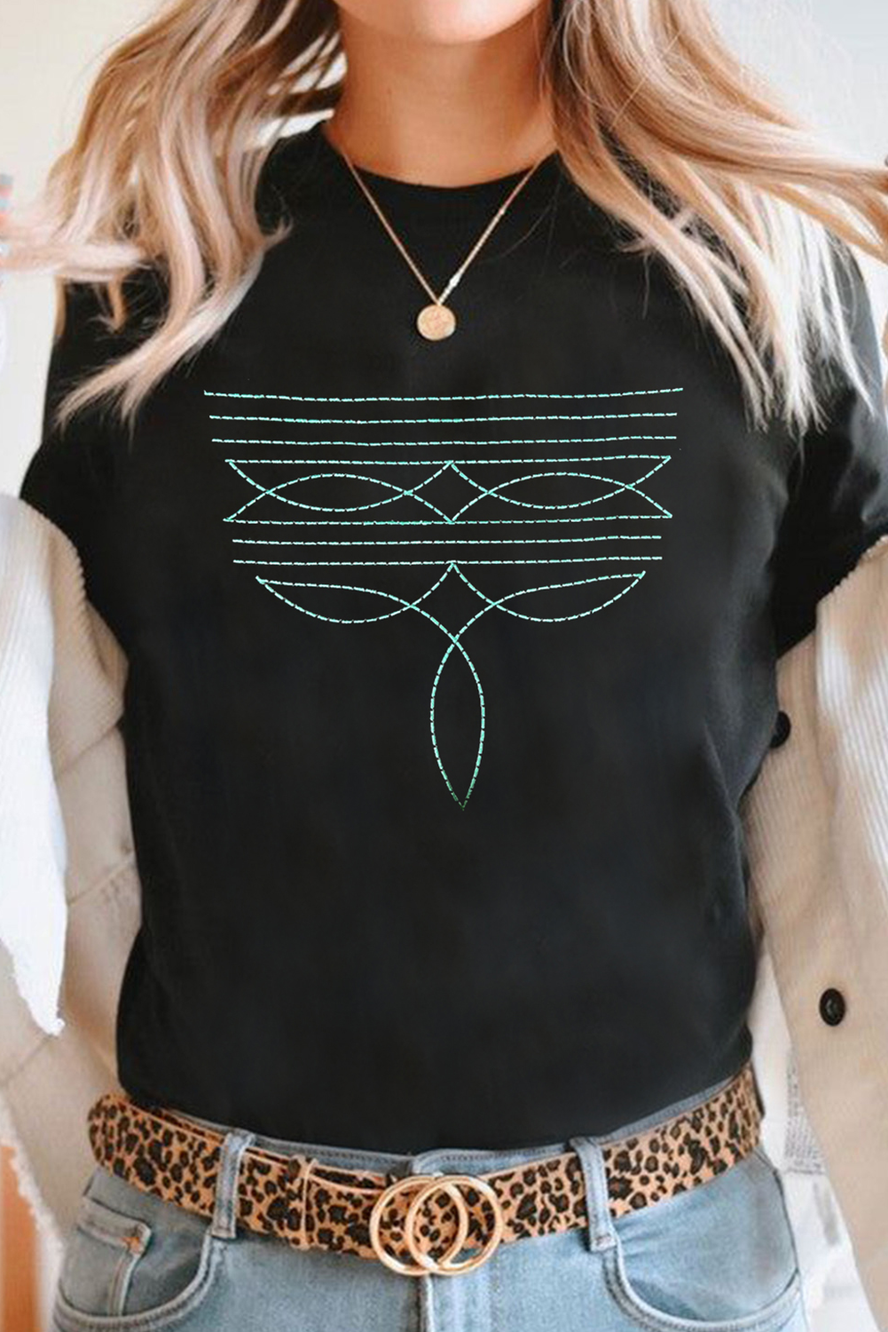 Black Western Fashion Geometric Embroidered T Shirt eAura