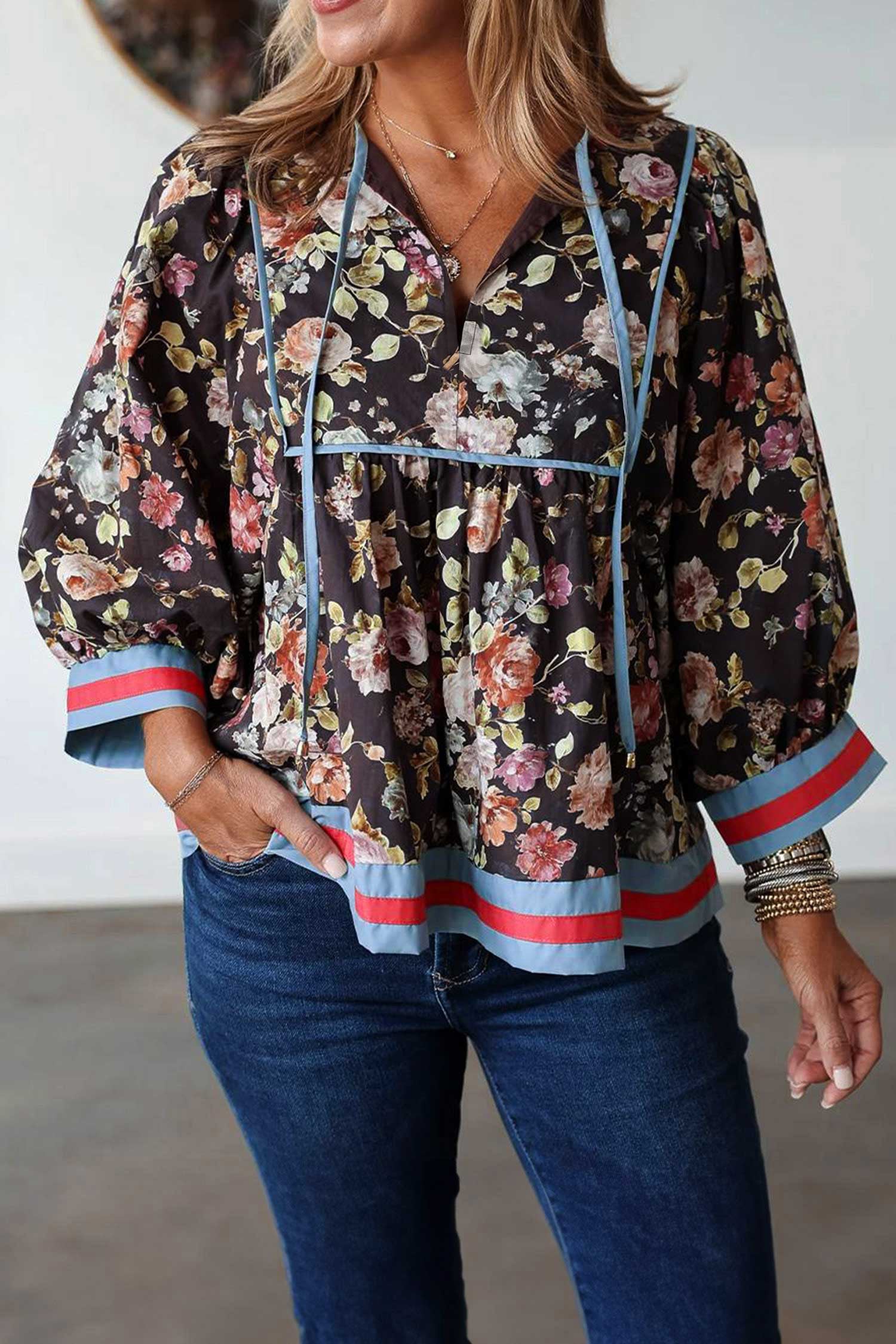 Floral Print Contrast Trim Tie V Neck Bracelet Sleeve Blouse – Black