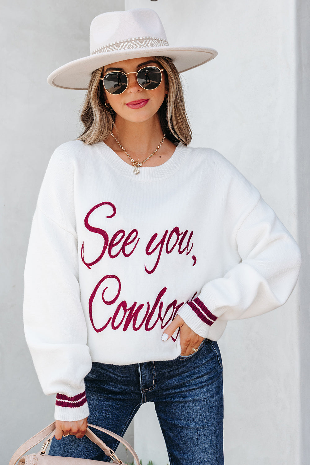 White See You Cowboy Embroidered Western Graphic Sweater eAura