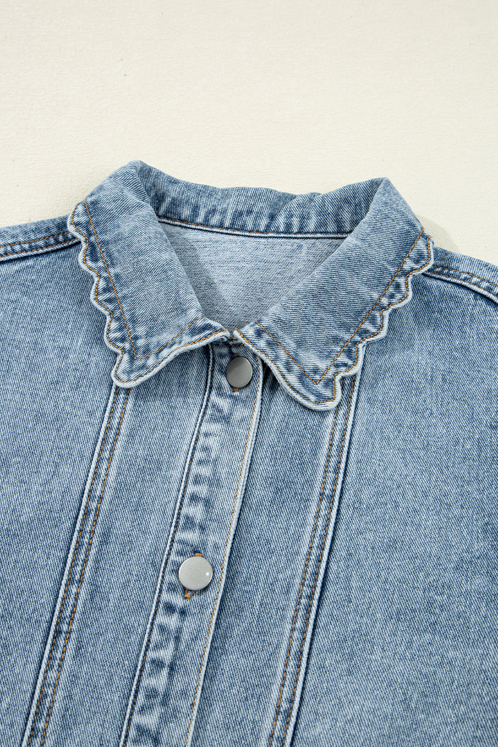 Scallop Trim Collar Patched Pocket Button Up Denim Jacket eAura