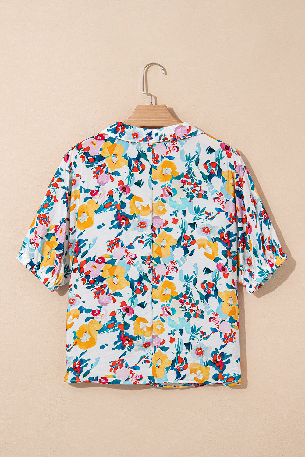 Peacock Blue Floral Print Slit V Neck Short Sleeve Blouse eAura