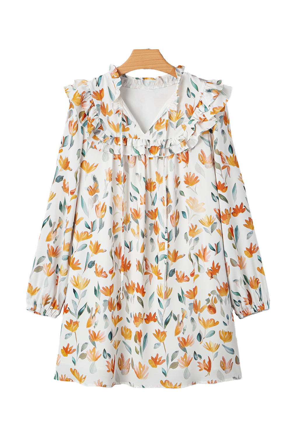 Yellow Floral Print Tie Neck Frilled Detail Long Sleeve Mini Dress eAura