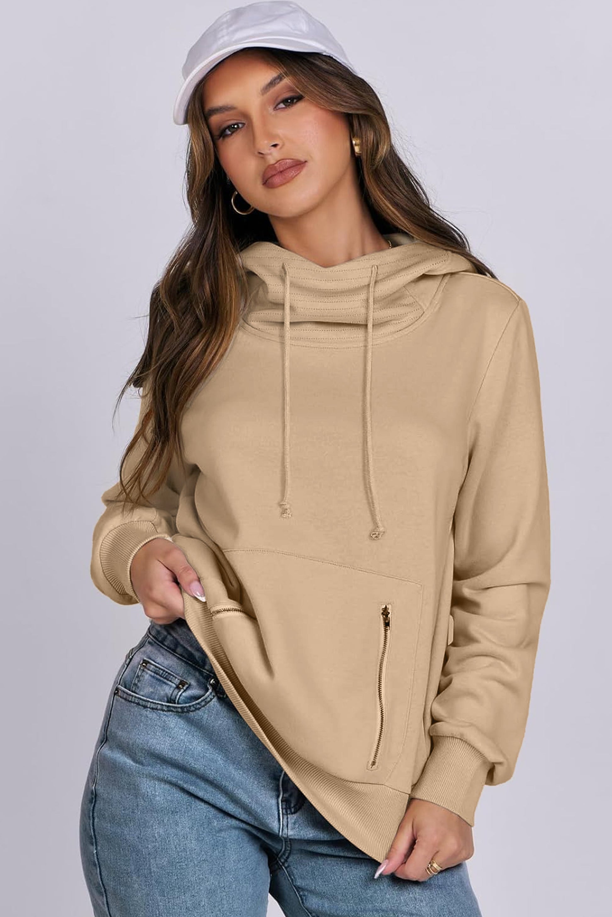 Parchment Zipped Pocket Cozy Drawstring Hoodie eAura