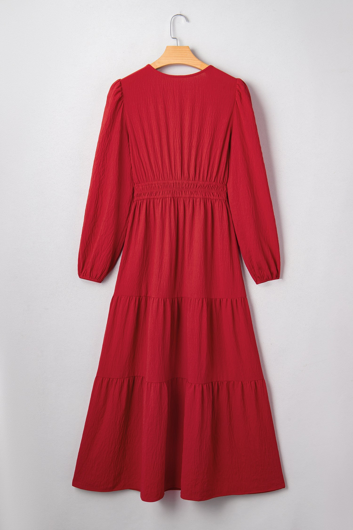 Contrast Embroidered Detail Cinched Waist Tiered Long Sleeve Maxi Dress
