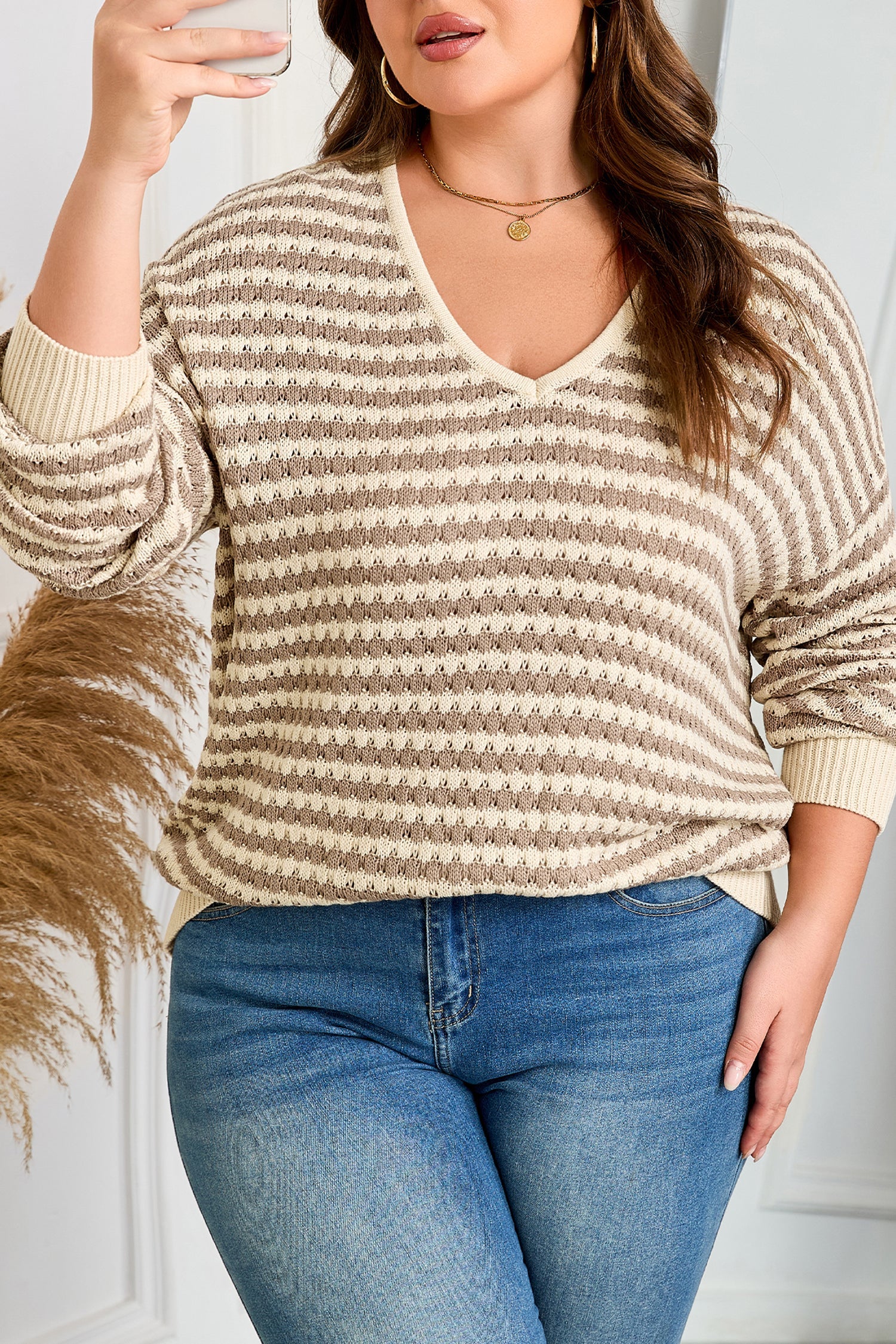 Stripe Plus Size V-Neck Drop Shoulder Sweater - eAura