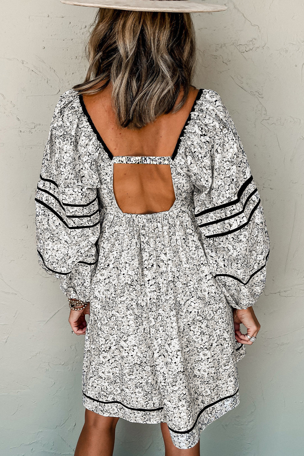 Gray Floral Print Open Back Balloon Sleeve Square Neck Mini Dress BB Fashion Outlet