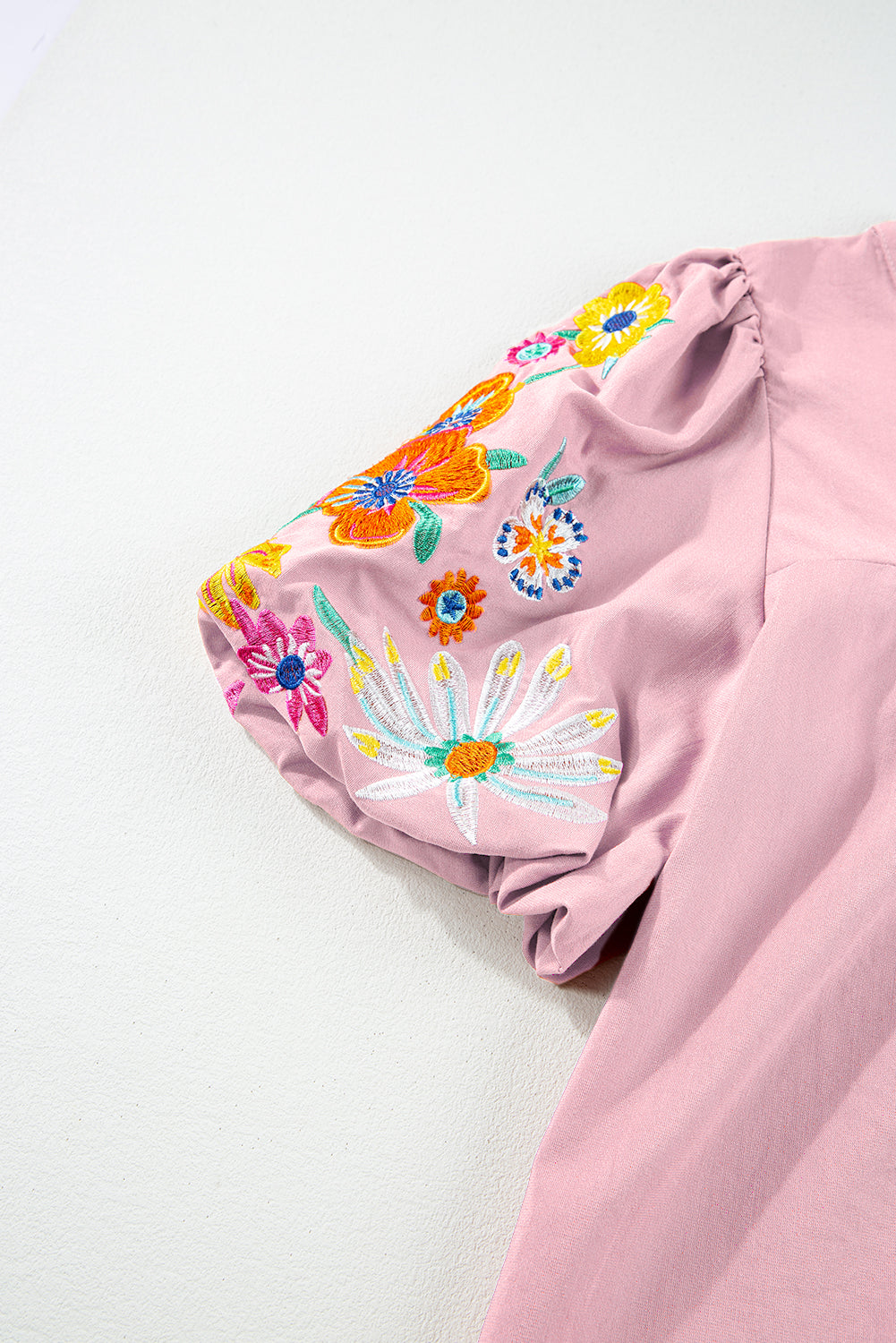 Pink Floral Embroidered Puff Sleeve Split Neck Blouse eAura