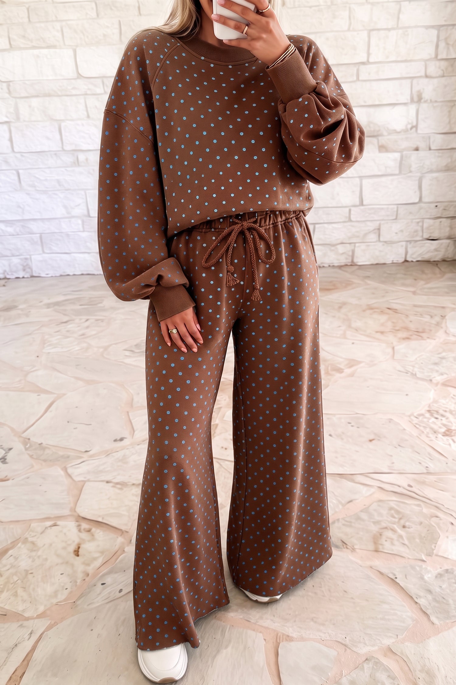 Polka Dot Drawstring Wide Leg Long Sleeve Top Pant Set – Red