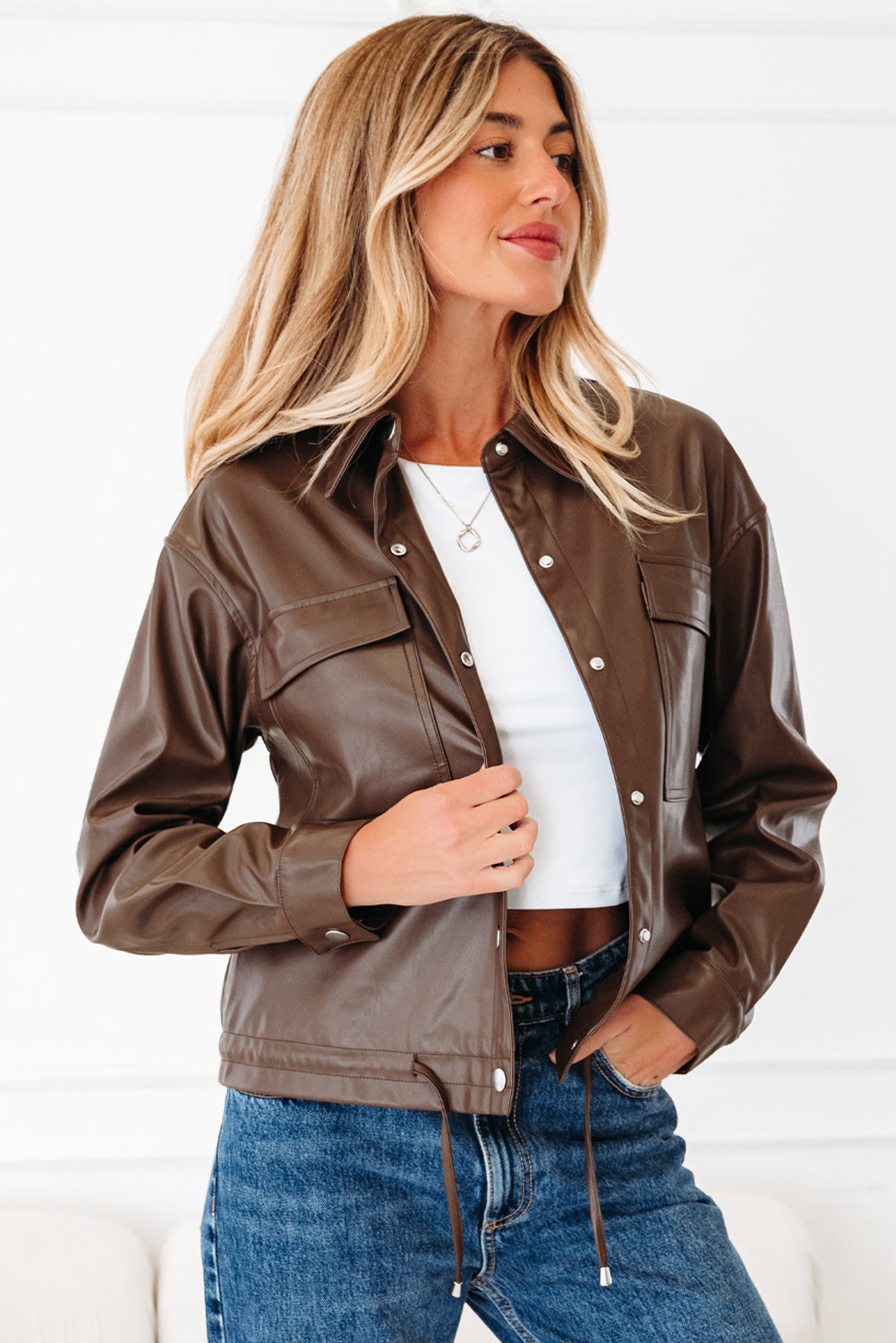 Brown Double Flap Pocket Drawstring Hem Leather Jacket - eAura