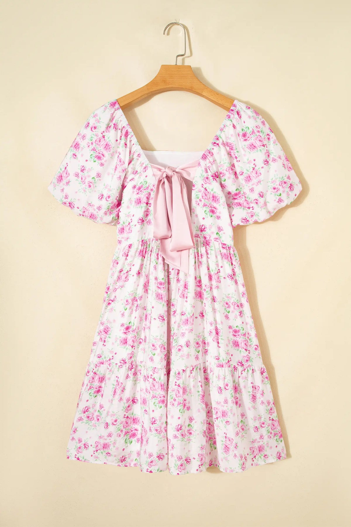Floral Print Square Neck Ribbon Knot Back Cute Mini Dress – Pink