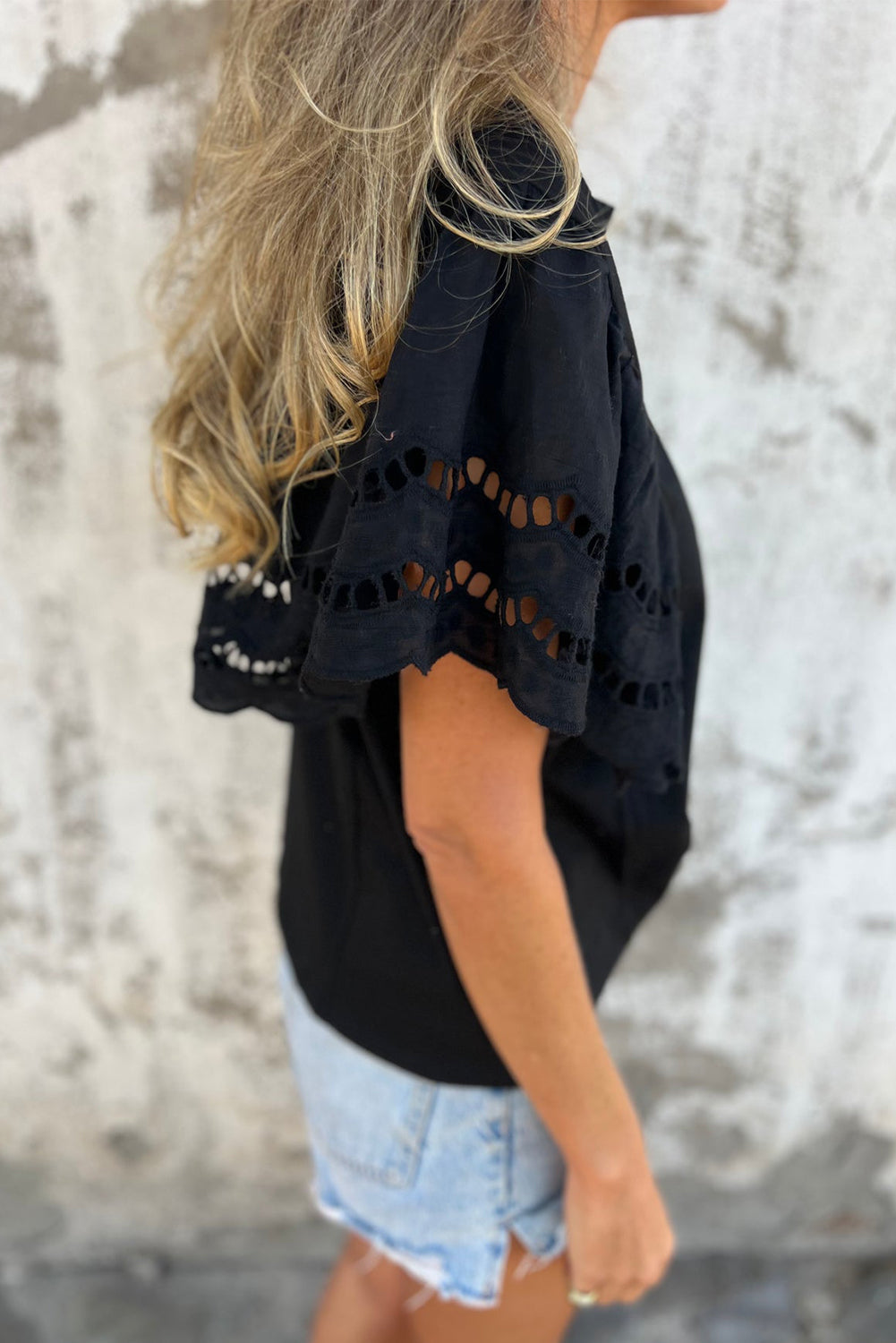 Black Hollow Out Embroidered Short Sleeve Top eAura