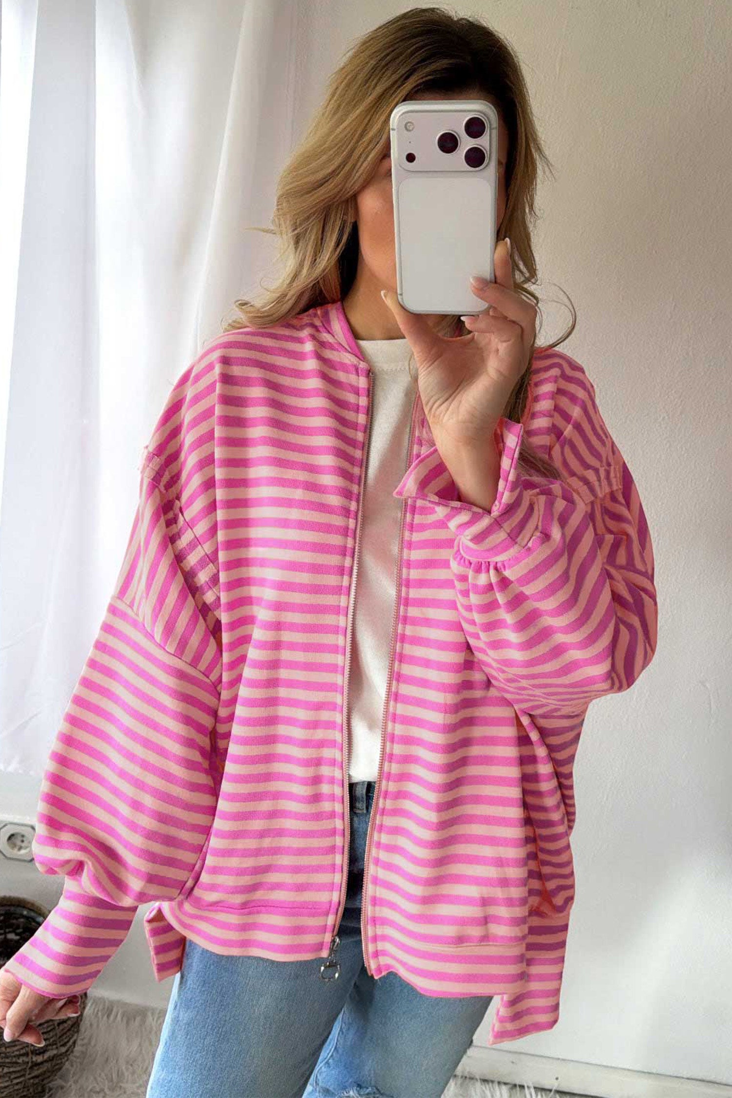 Zip-up Puff Sleeve Zip Jacket Sweatshirt – Pink Stripe