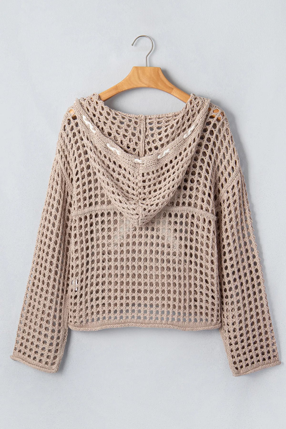 Star Pattern Crochet Hooded Drawstring Sweater – Sage Green