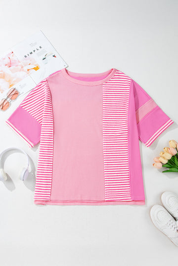 Pink Stripe Patchwork Colourblock Plus Size T Shirt BB Fashion Outlet