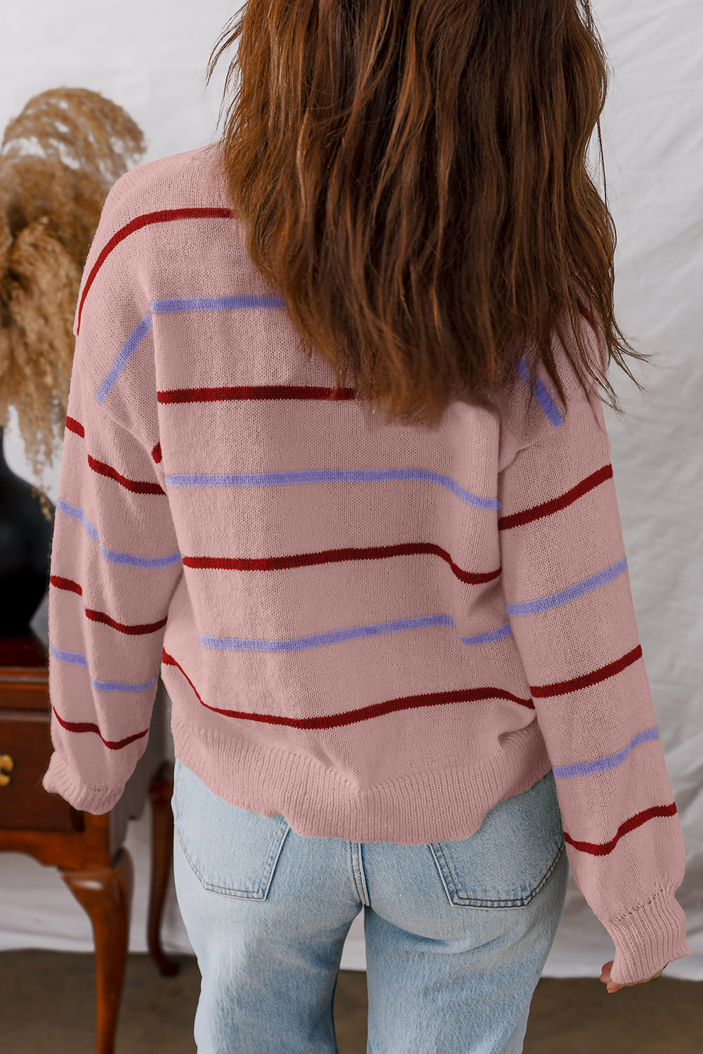 Striped Ribbed Edge Drop Shoulder Sweater eAura