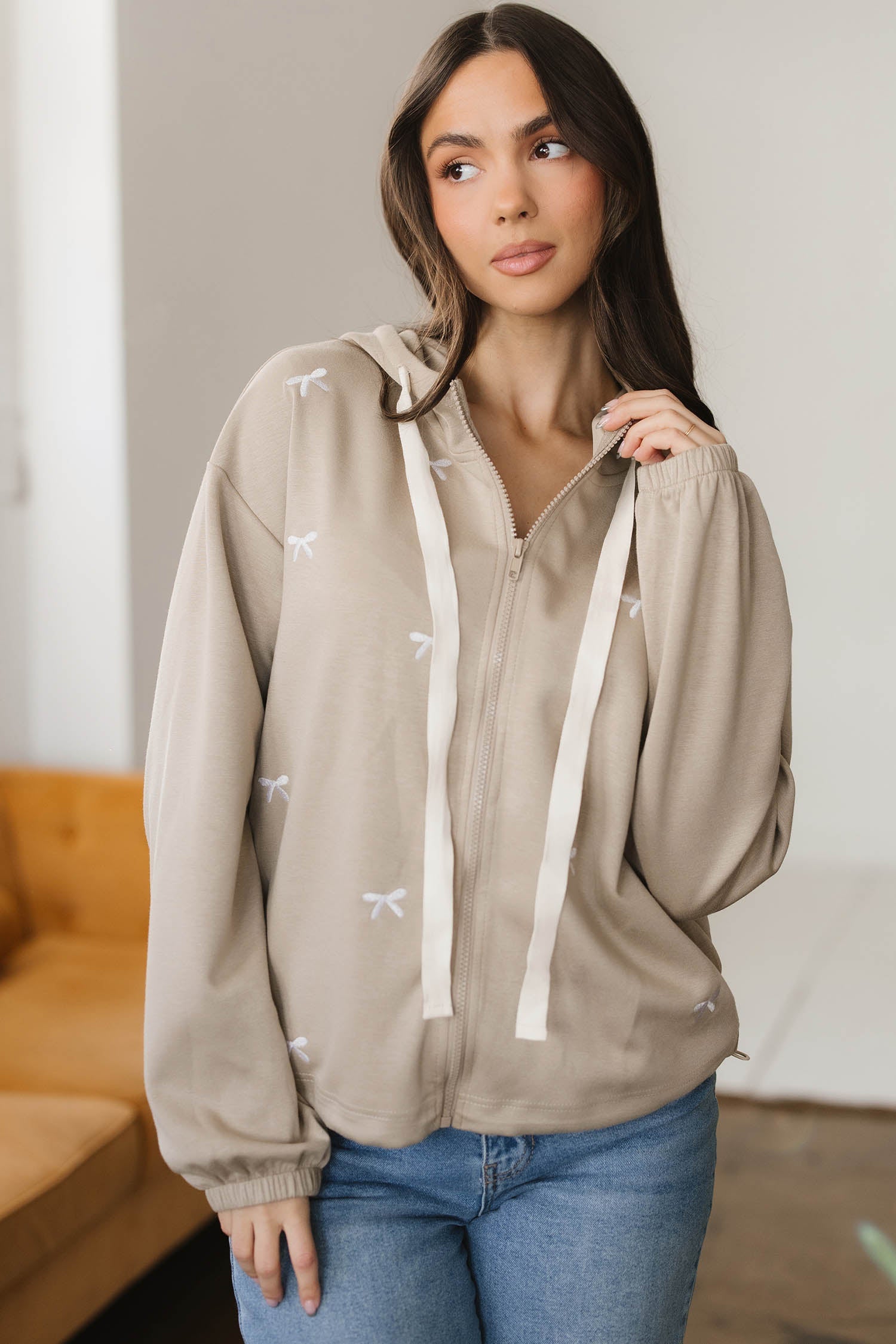 Bow Embroidered Zip Up Jacket Hoodie - Tops/Sweatshirts & Hoodies