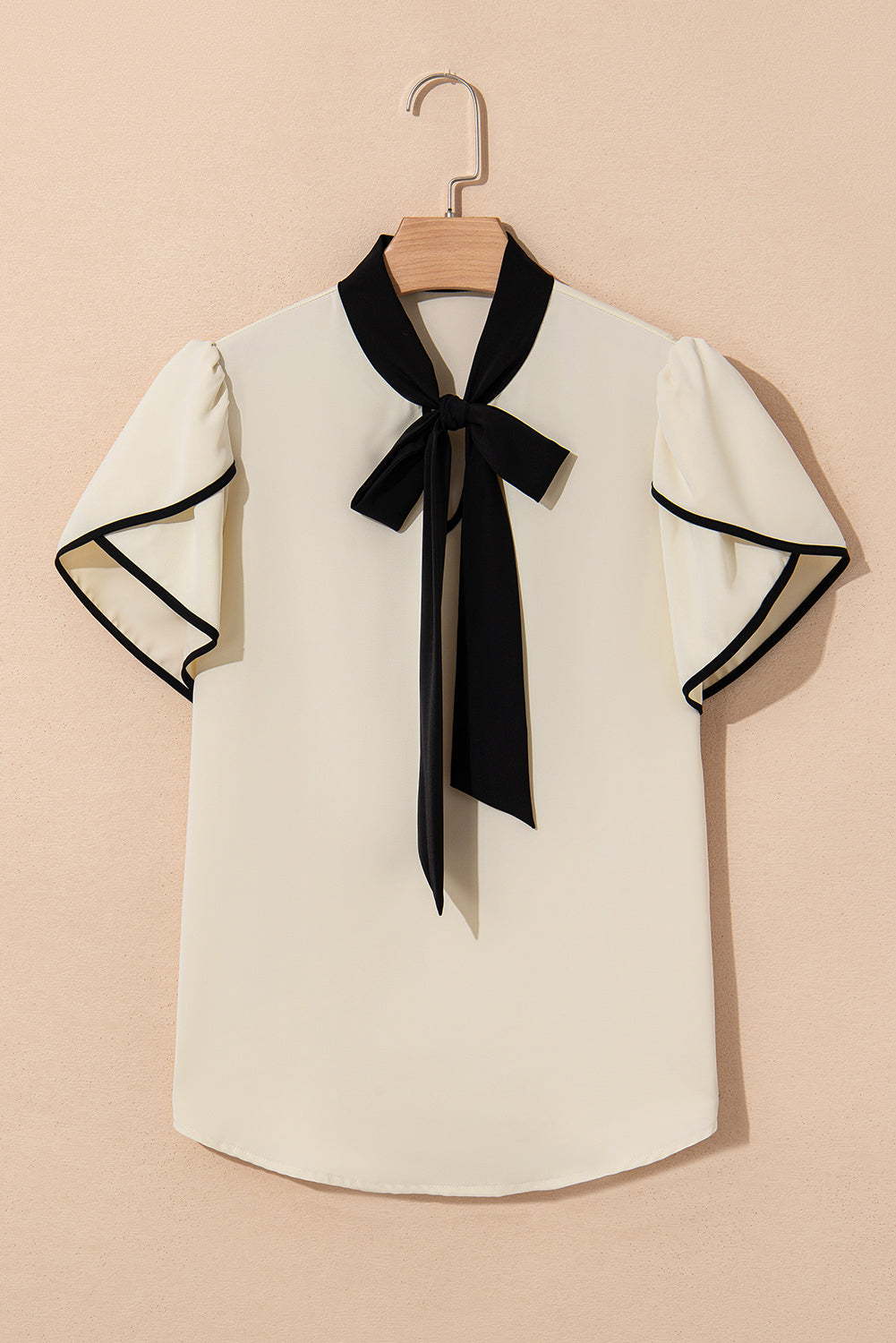 Bow Knot Neckline Contrast Stripe Short Sleeve Blouse eAura
