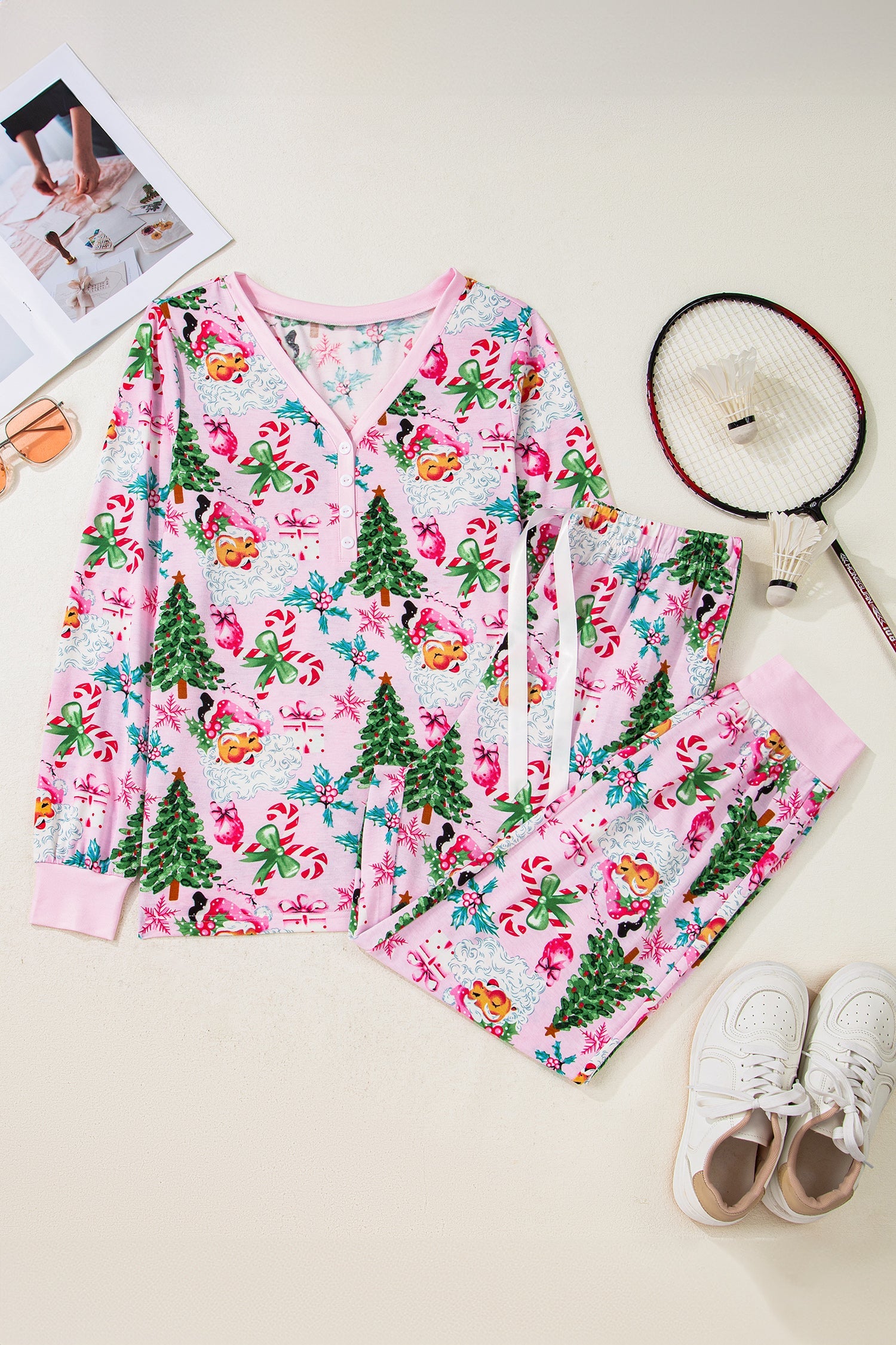 White Christmas Pattern Button V-Neck Pyjamas - Loungewear & Sleepwear/Loungewear