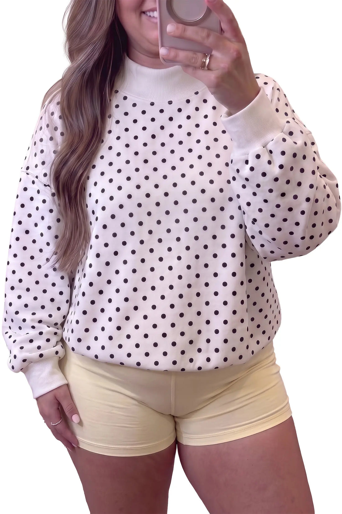 Plus Size Ribbed Stand Neck Sweatshirt — Polka Dot
