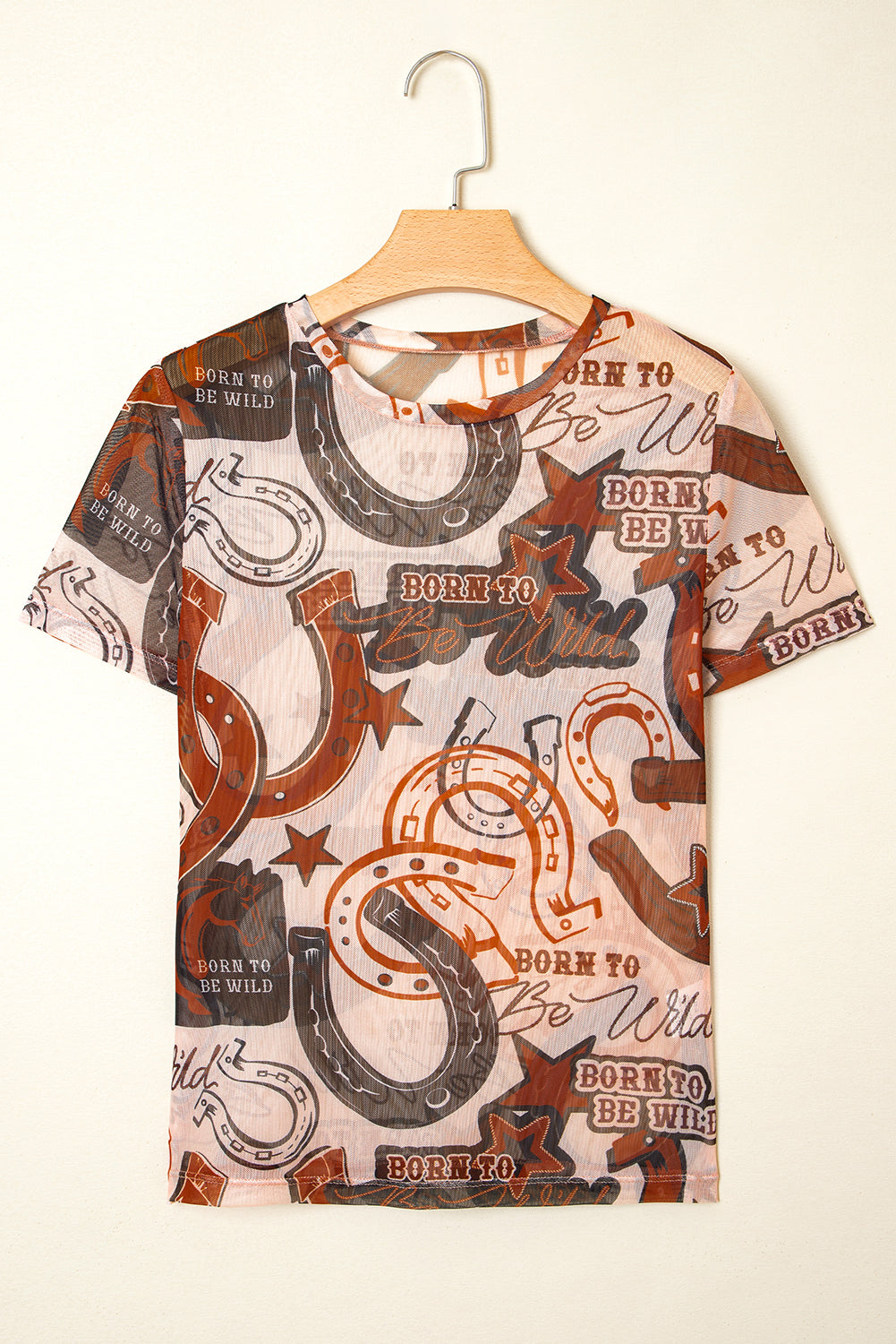 Brown Western Horseshoe Printed Mesh T Shirt eAura