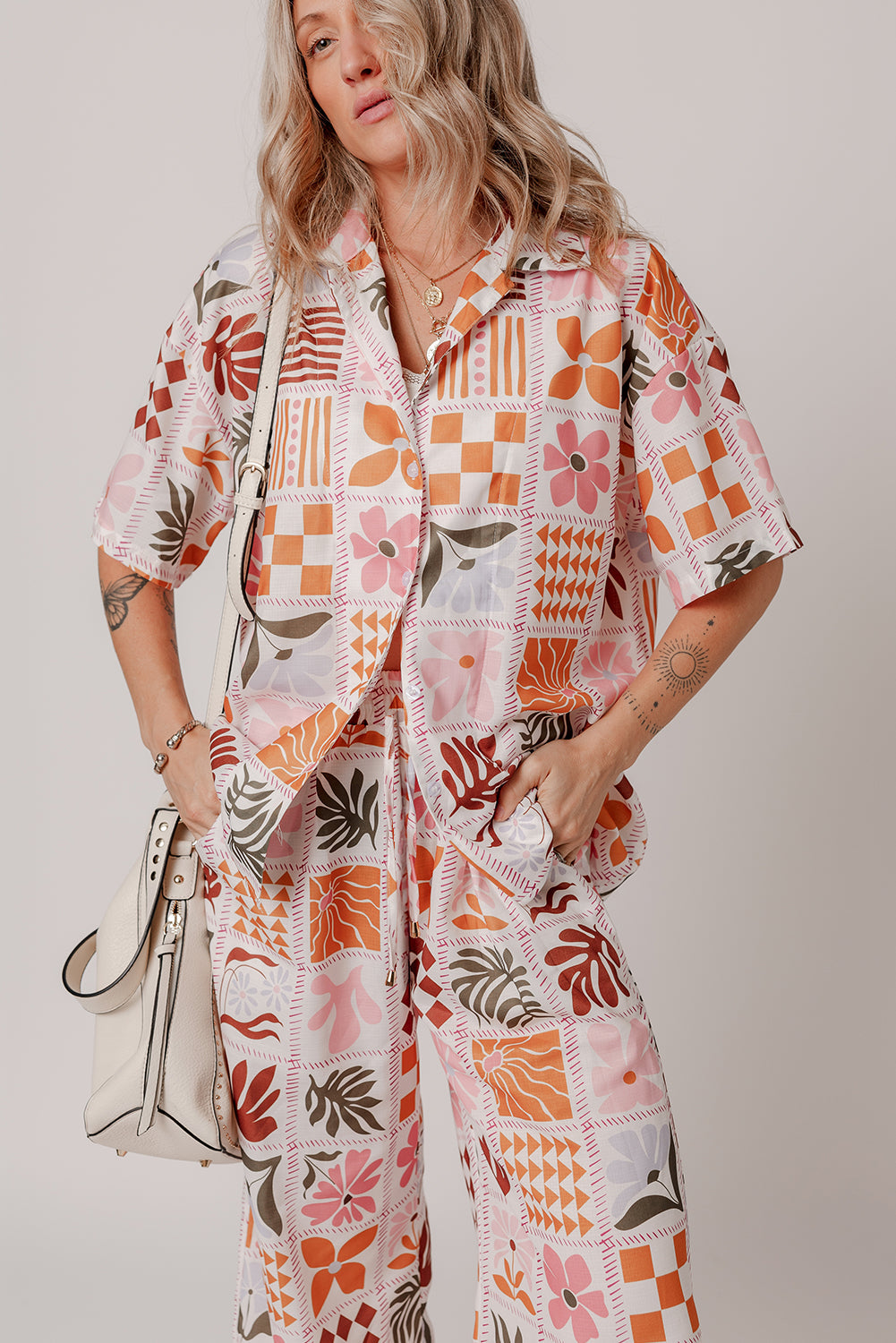 Orange Plant Checkered Print Collared Shirt and Wide Leg Trousers Set eAura