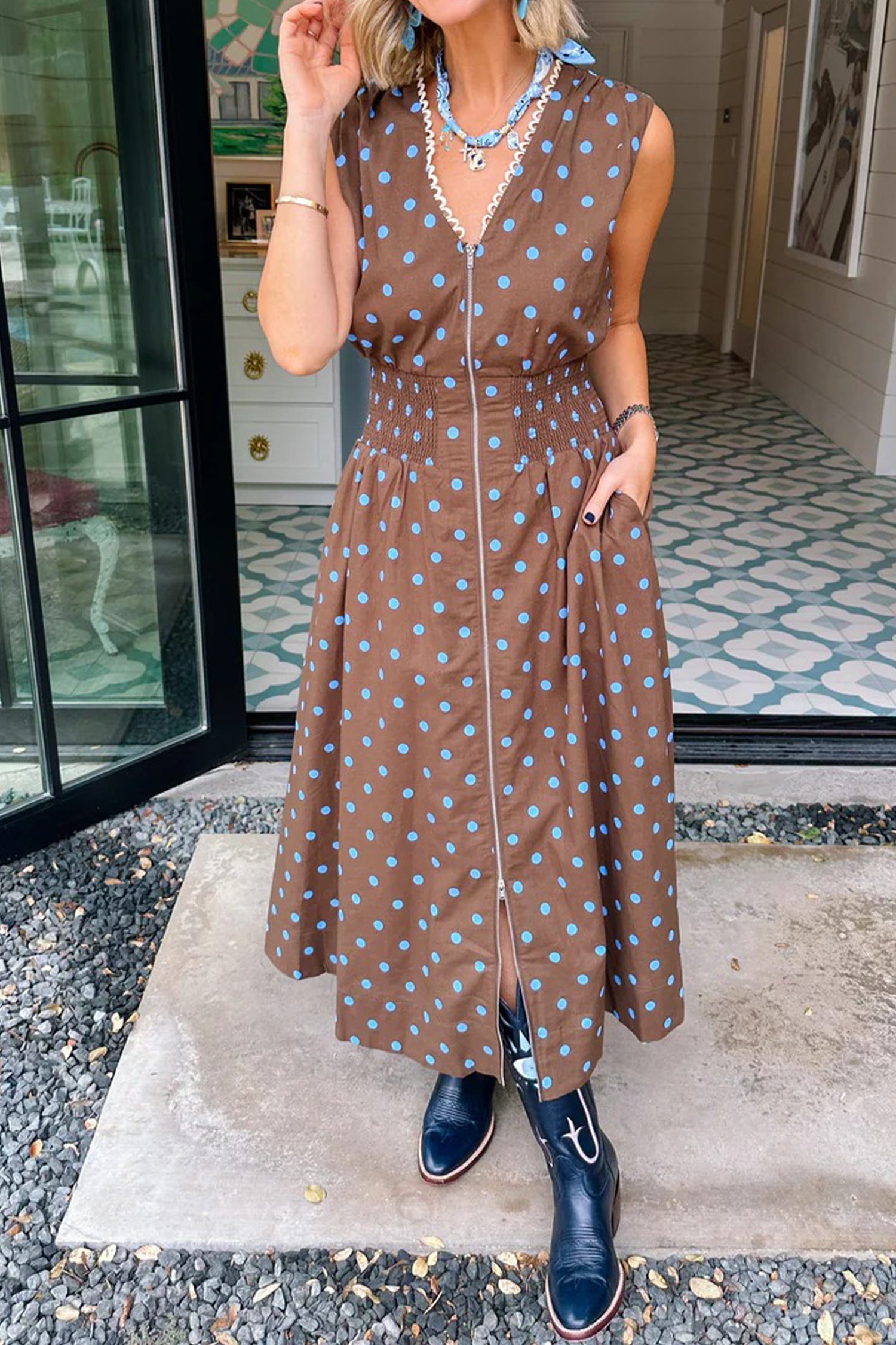 Polka Dot Print Contrast Trim V-Neck Zip-Up Sleeveless Dress