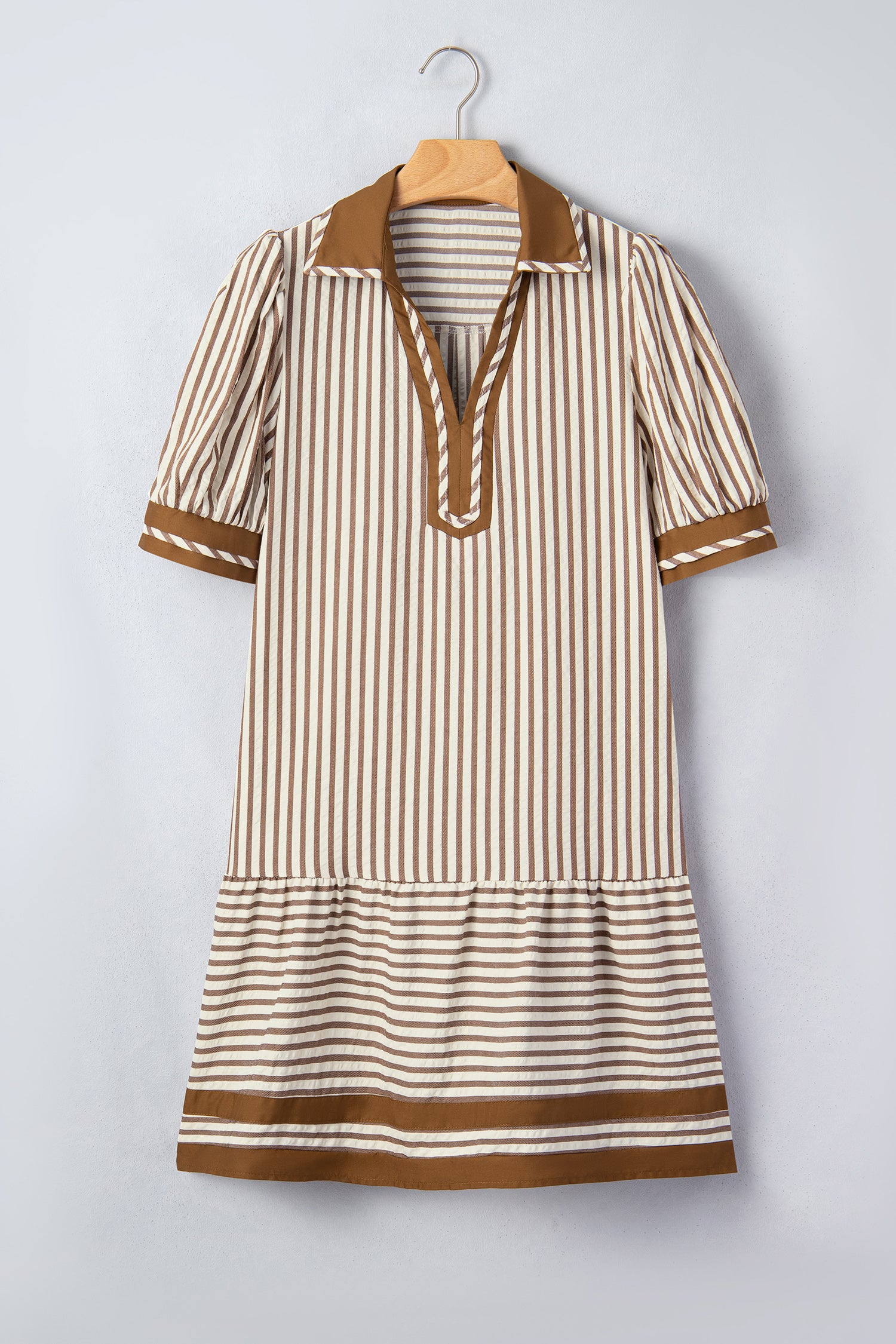 Shirt Collar Color Block Patchwork Trim Ruffle Hem Short Dress – Brown Stripe