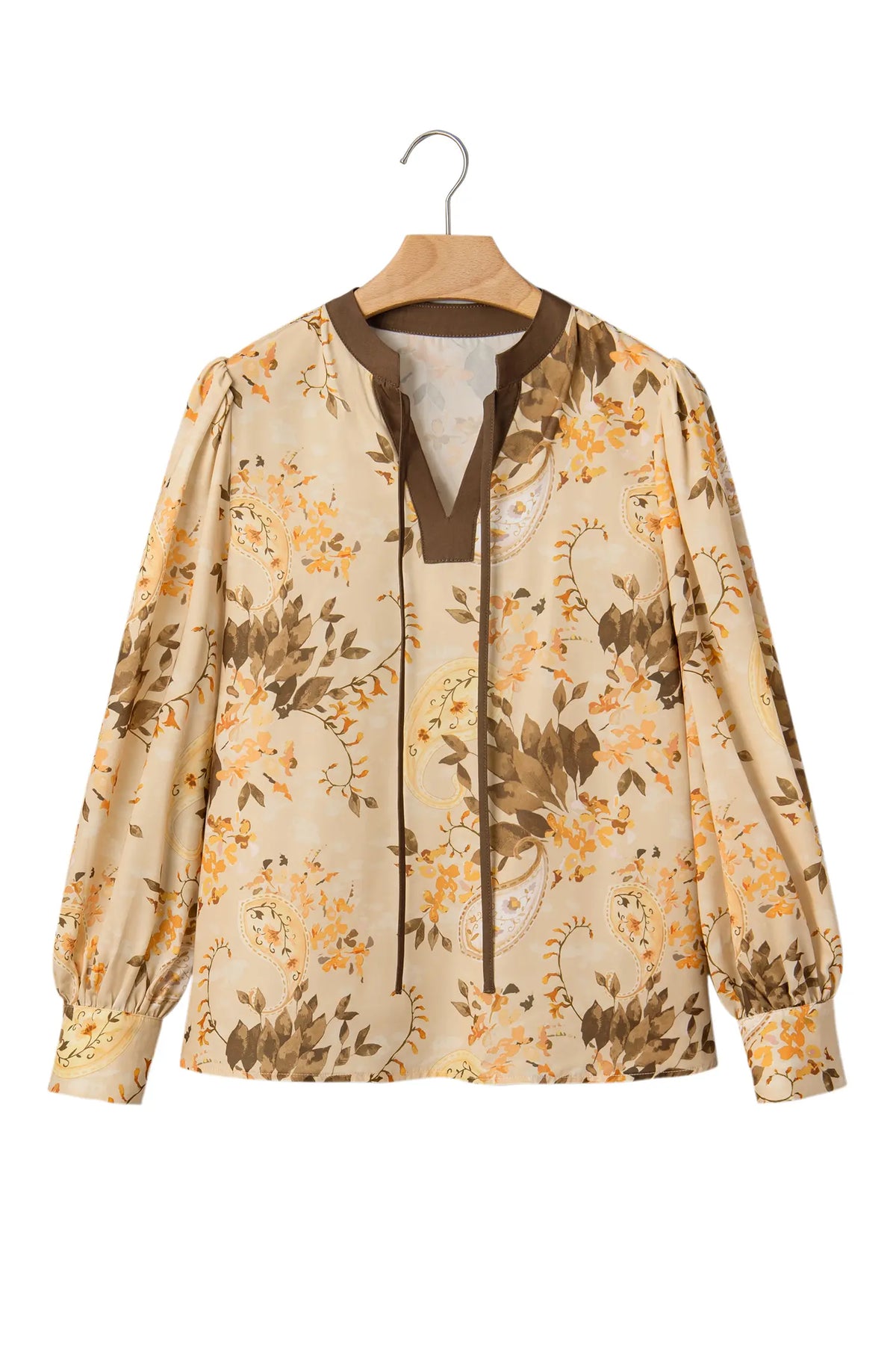 Paisley Print Tie Neck Long Sleeve Blouse – Khaki