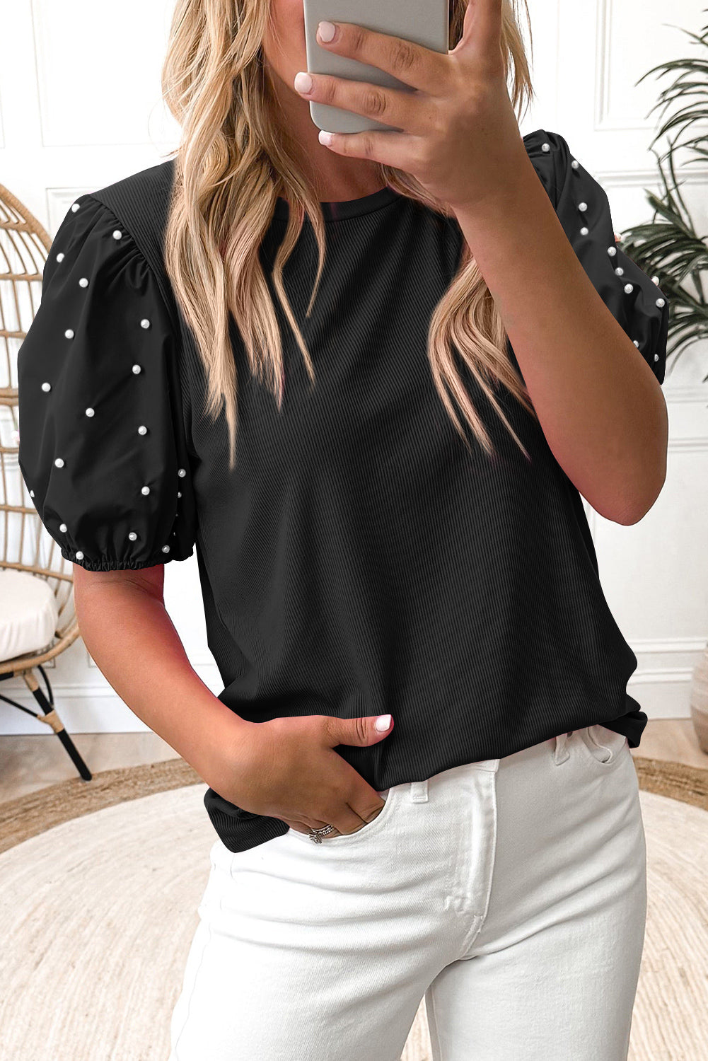 Bright Green Ribbed Pearl Beaded Puff Sleeve Top eAura