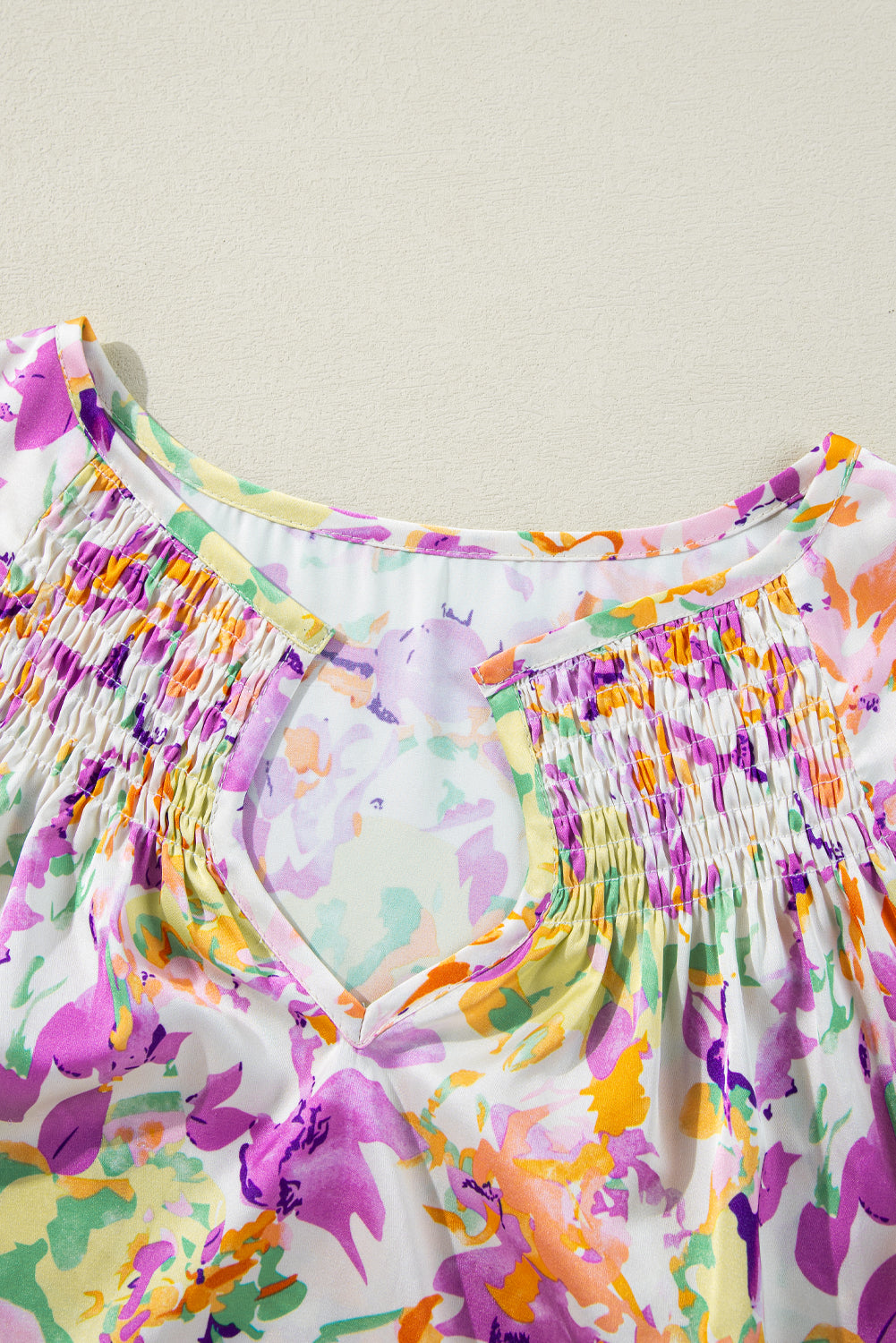 Purple Abstract Printed Ruffled Short Sleeve Notched Neck Blouse eAura