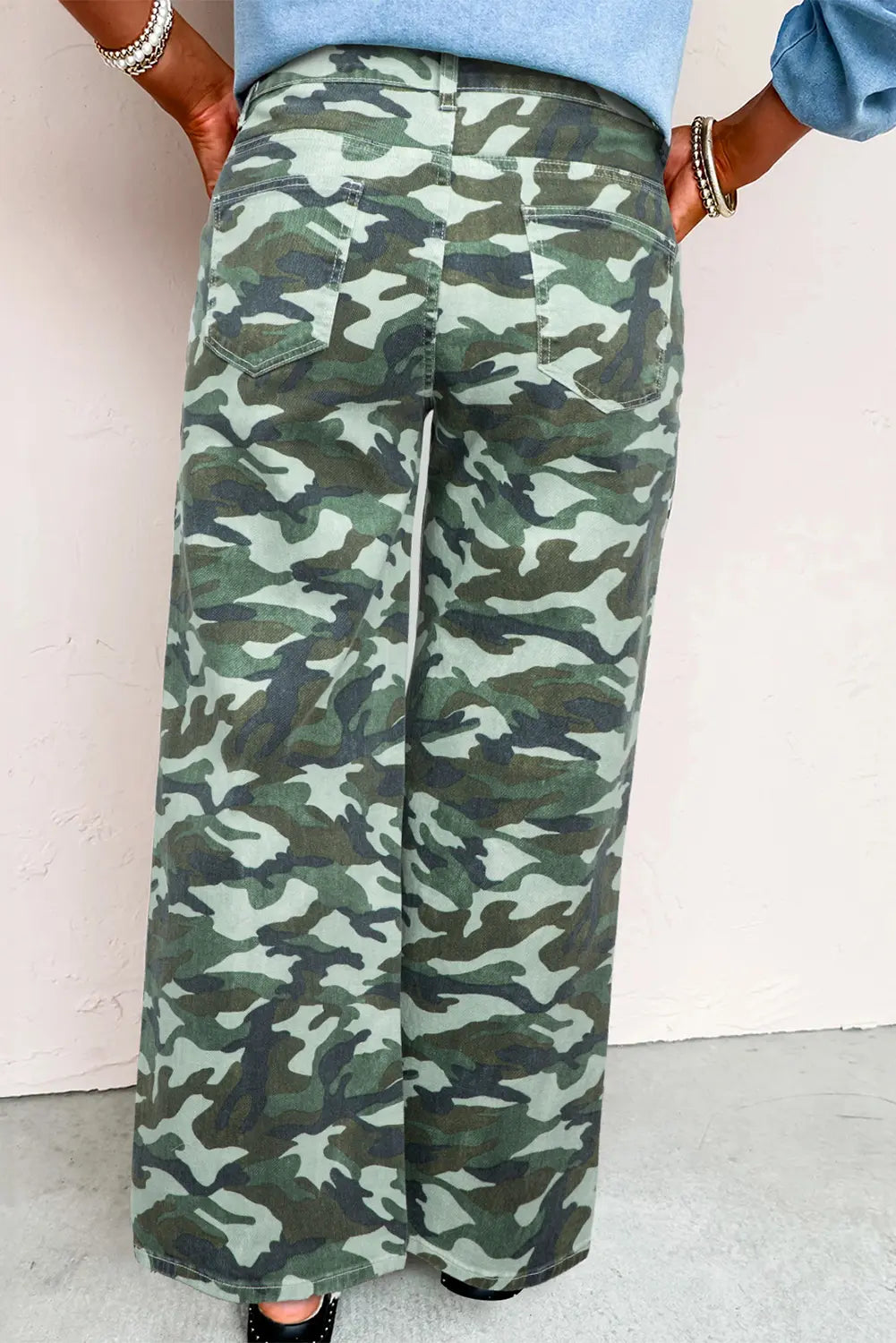 Camouflage Print Wide Leg Drawstring Denim Pants