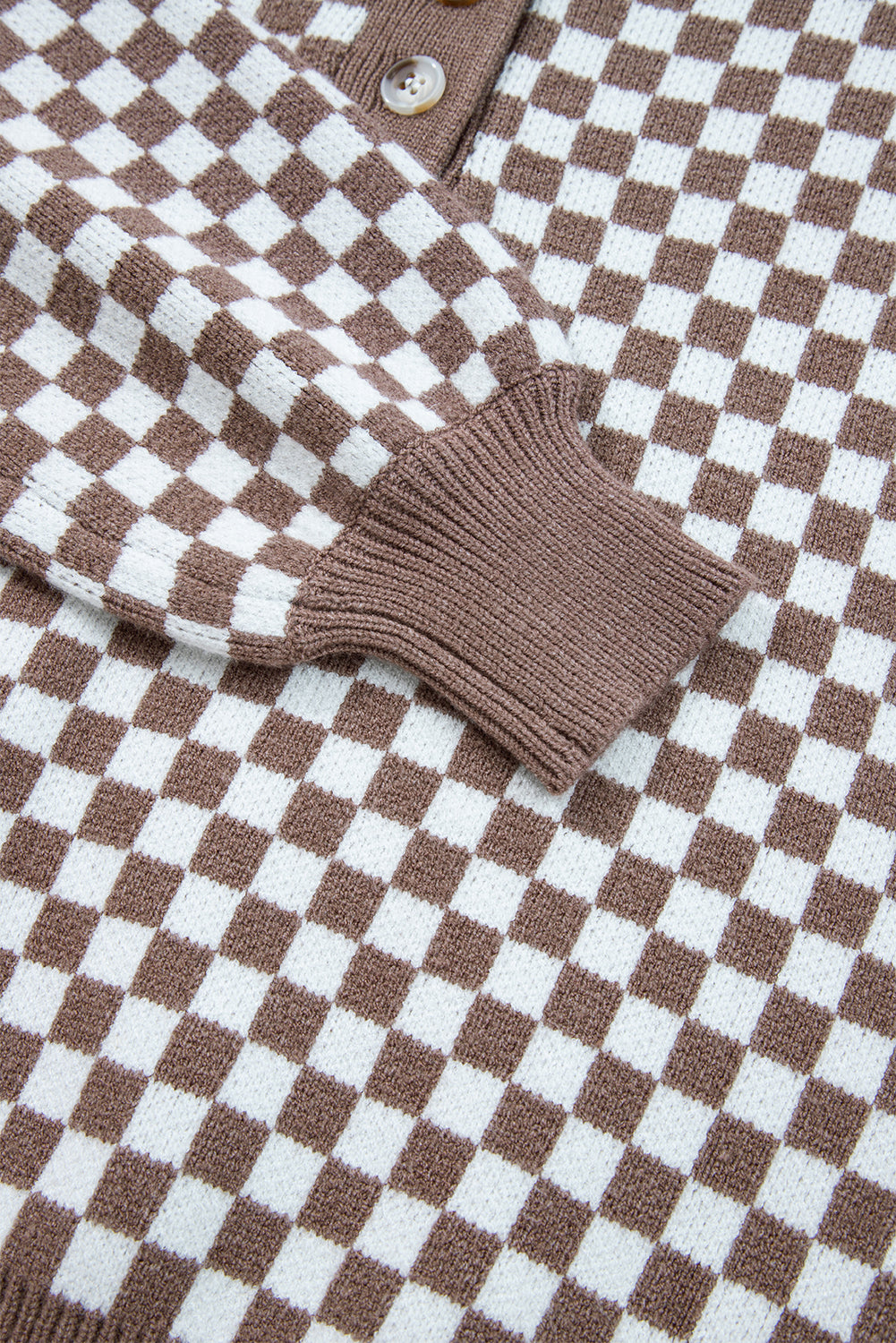 Dark Brown Half Button Ribbed Trim Checkerboard Knit Sweater eAura