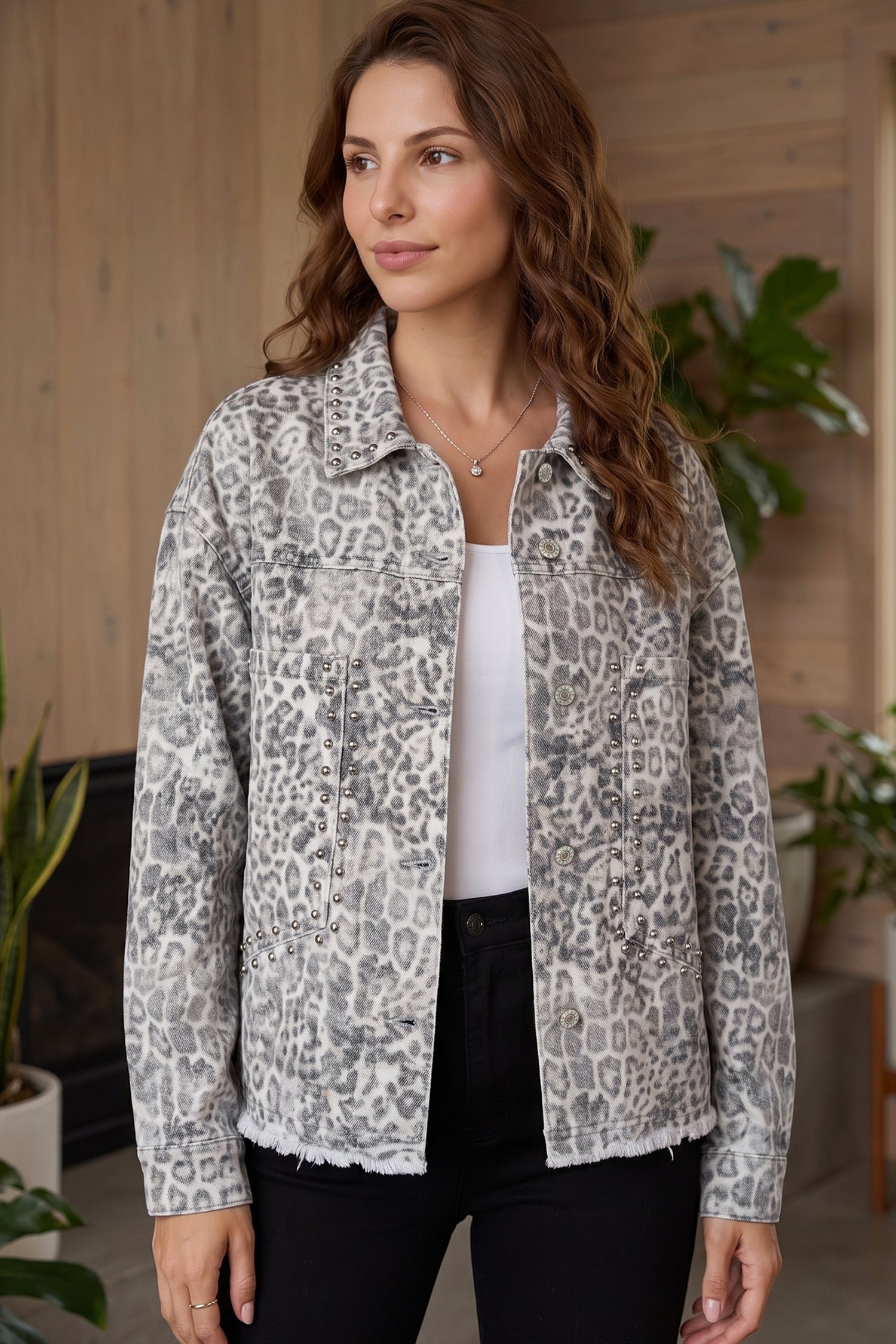 Leopard Print Studded Collar Studded Patch Pocket Denim Jacket – Khaki