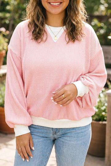 Ribbed Knit Colourblock Long Sleeve Round Neck Plus Size Blouse – Pink