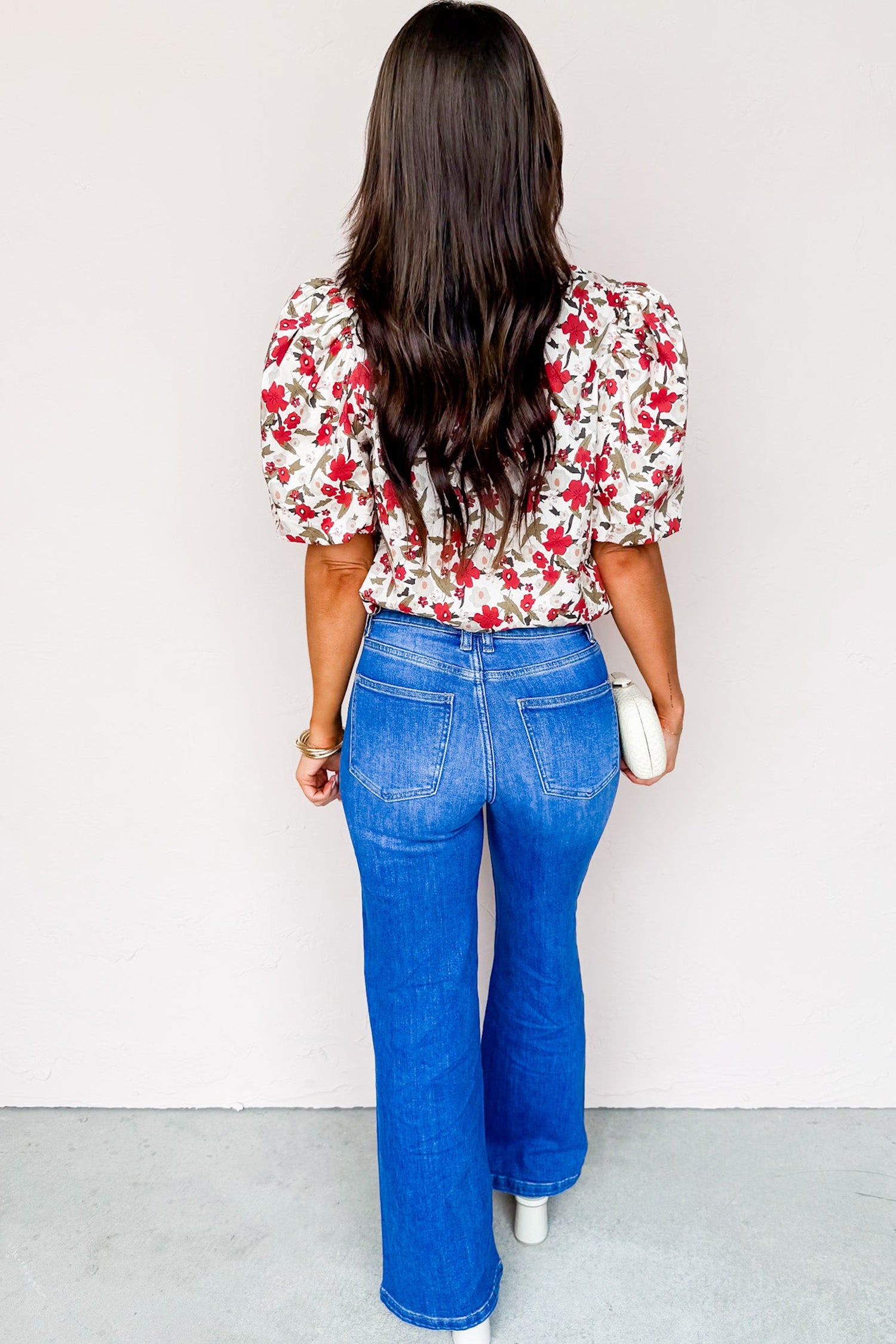 Floral Print Short Puff Sleeve Button Front Shirt