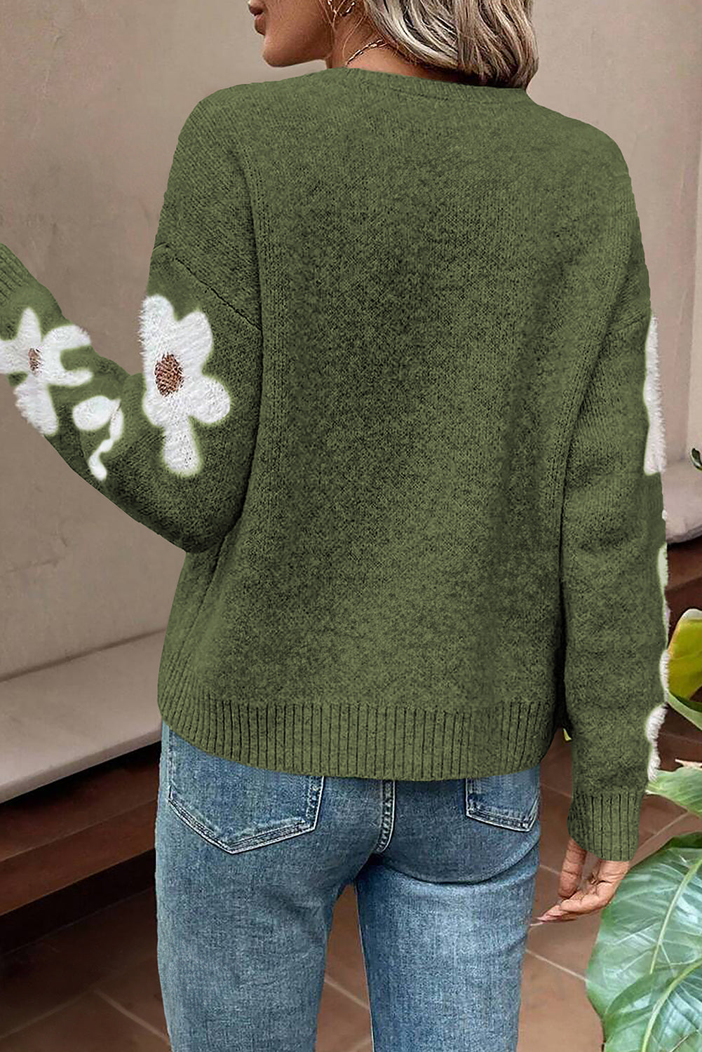 Light Grey Flower Sleeve Drop Shoulder Sweater eAura