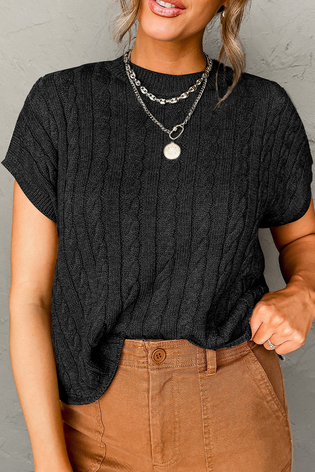 Black Crew Neck Cable Knit Short Sleeve Sweater eAura